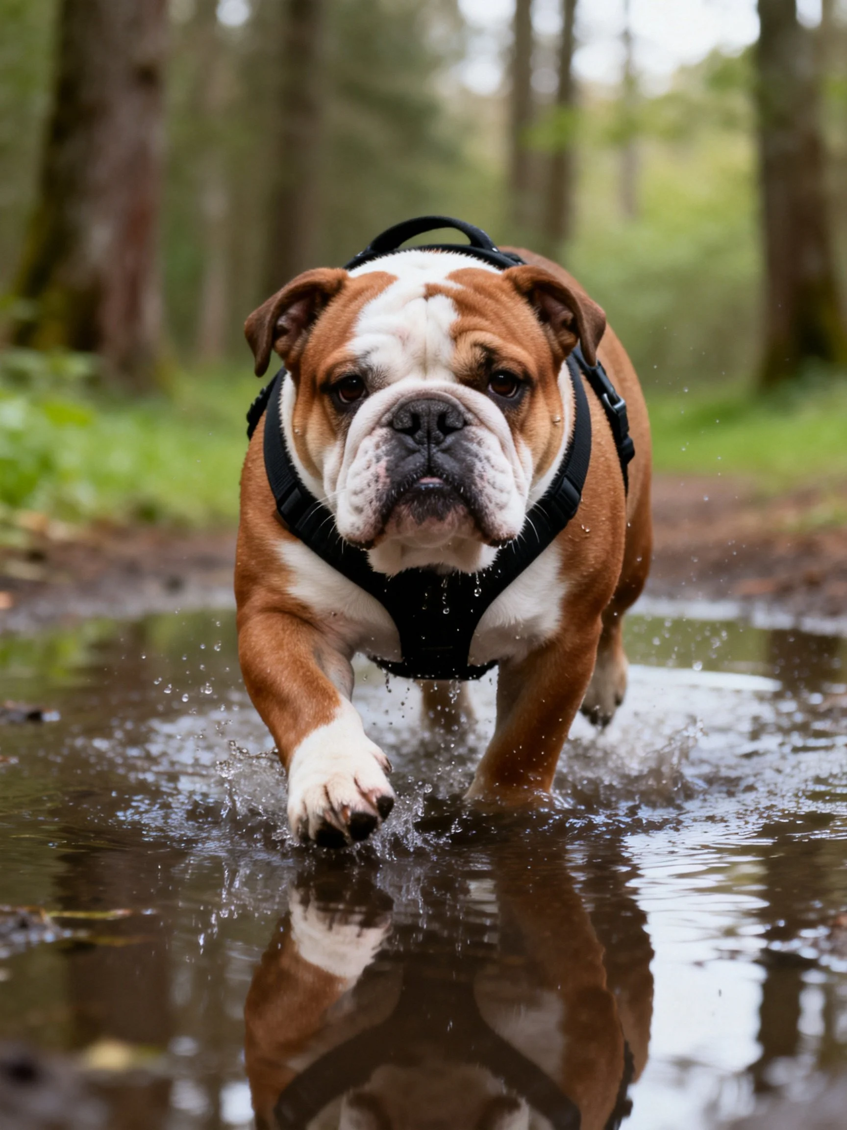 Bulldog in black harness runs through forest puddle