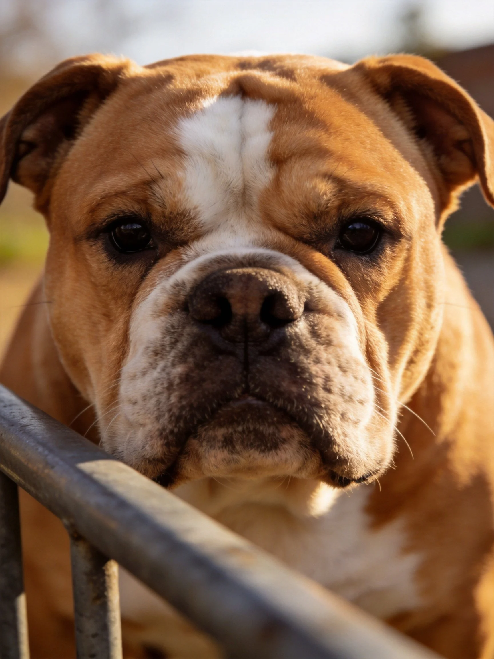 Brown and white bulldog near metal fence outdoors