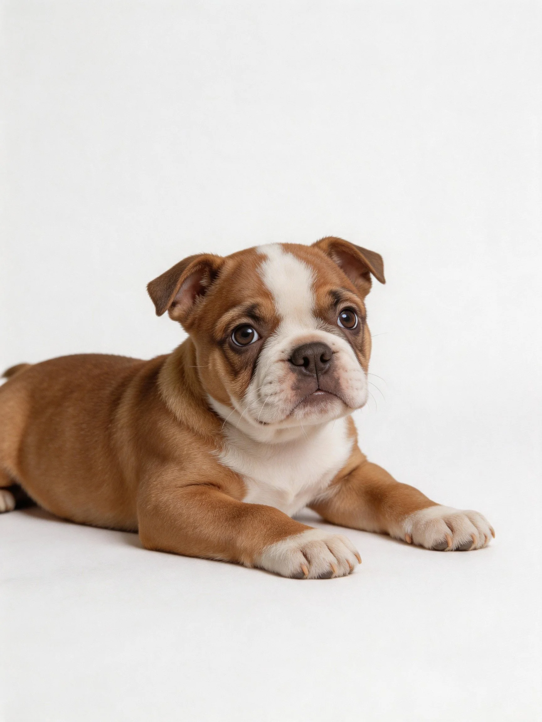 Brown and white bulldog puppy lying on white backdrop