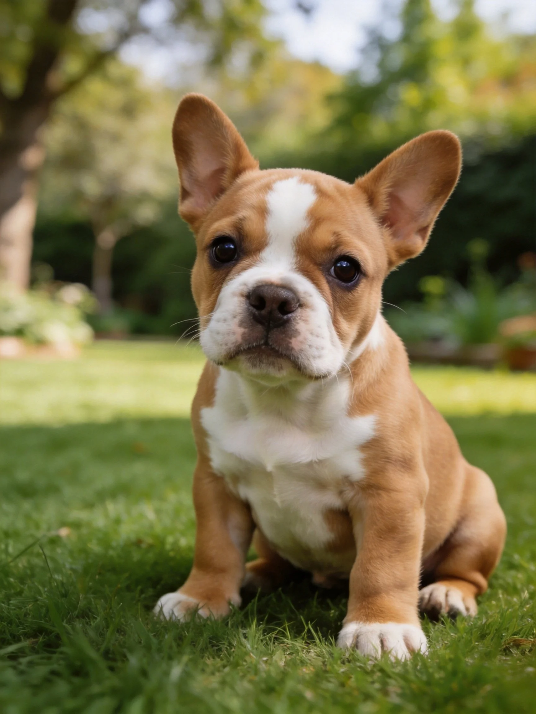 A brown and white bulldog puppy sits calmly on a grassy outdoor area.