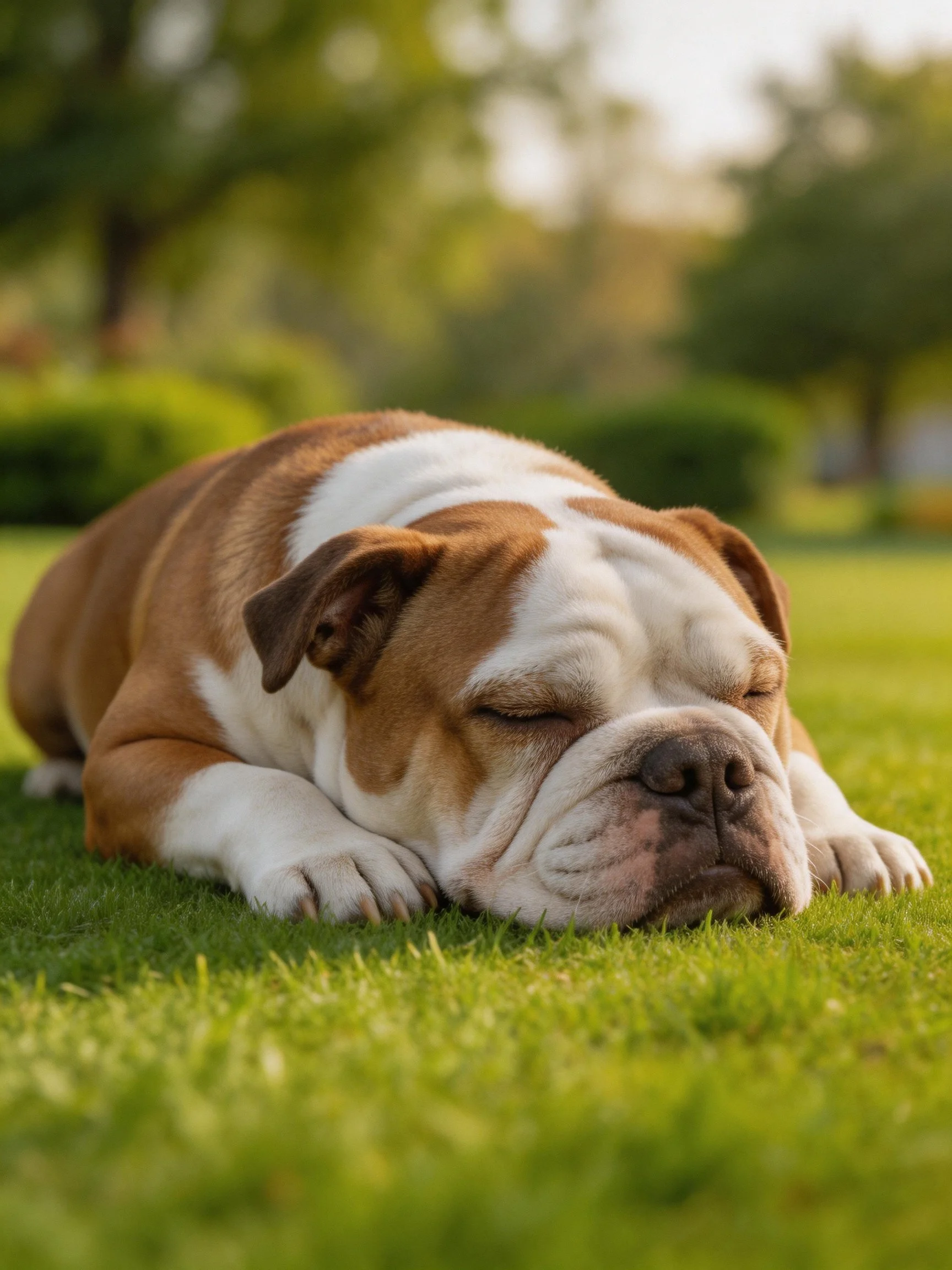 Brown and white bulldog resting on lush green grass