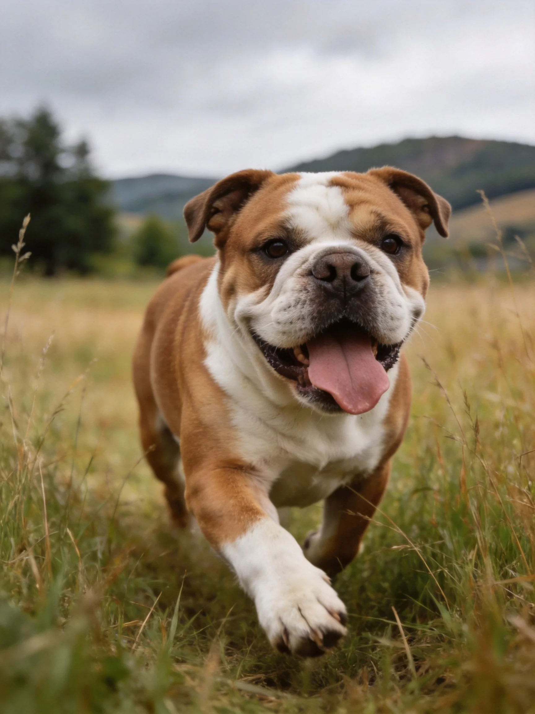 An energetic bulldog with brown and white fur runs through a grassy field under an overcast sky.