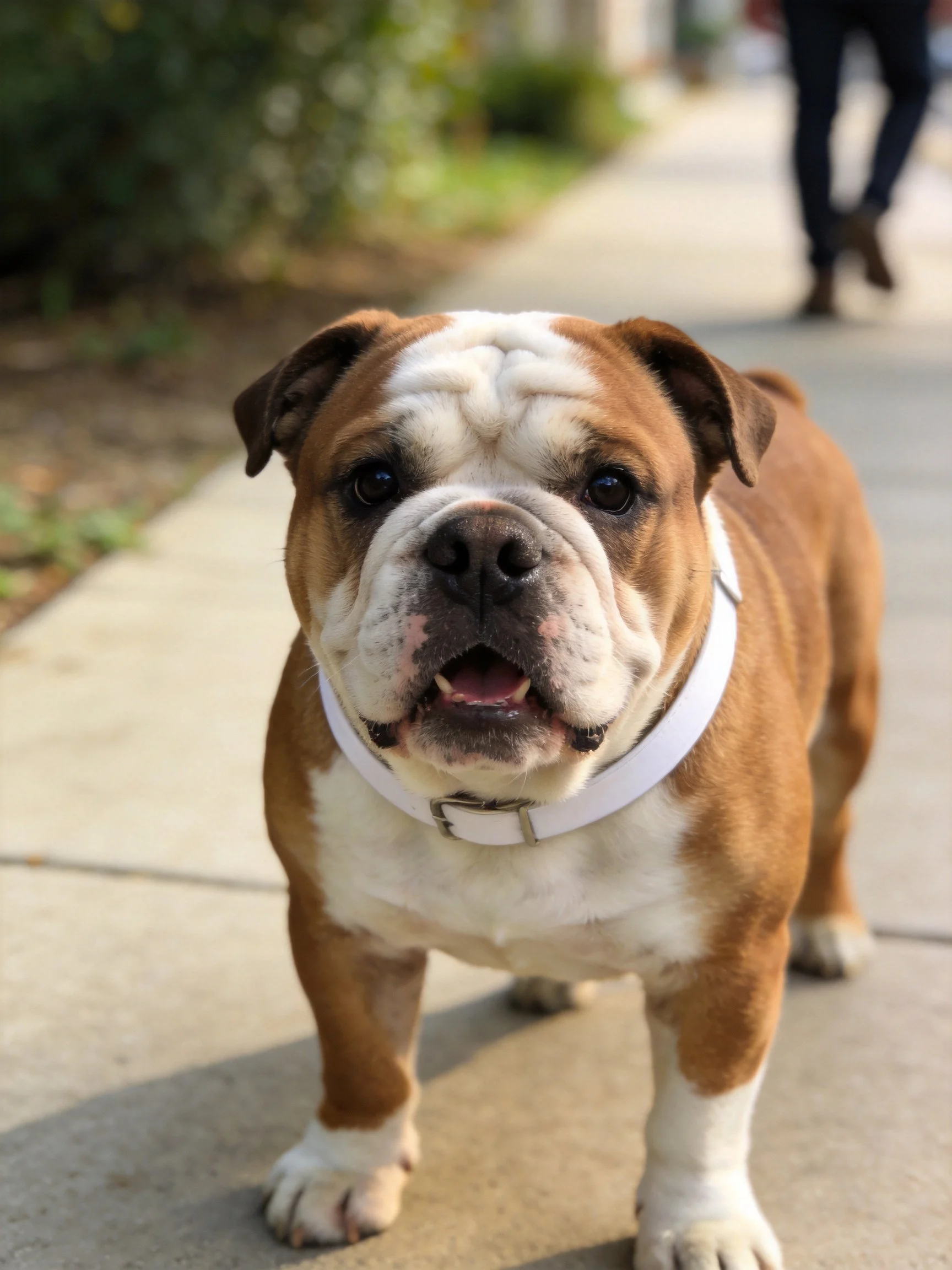 A brown and white bulldog stands on a sidewalk with greenery in view.