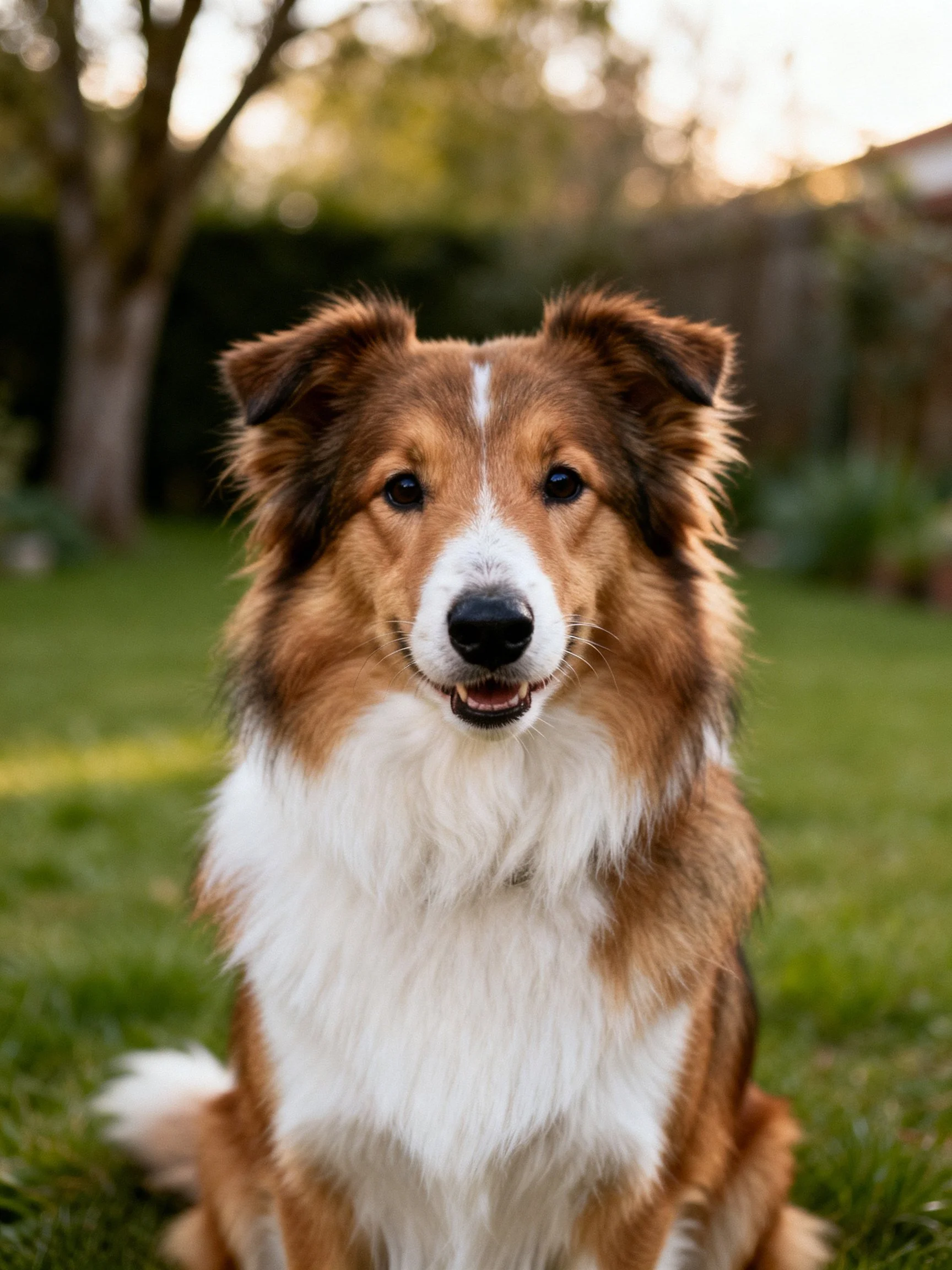 A brown and white collie dog sits calmly on green grass in a sunlit outdoor area.