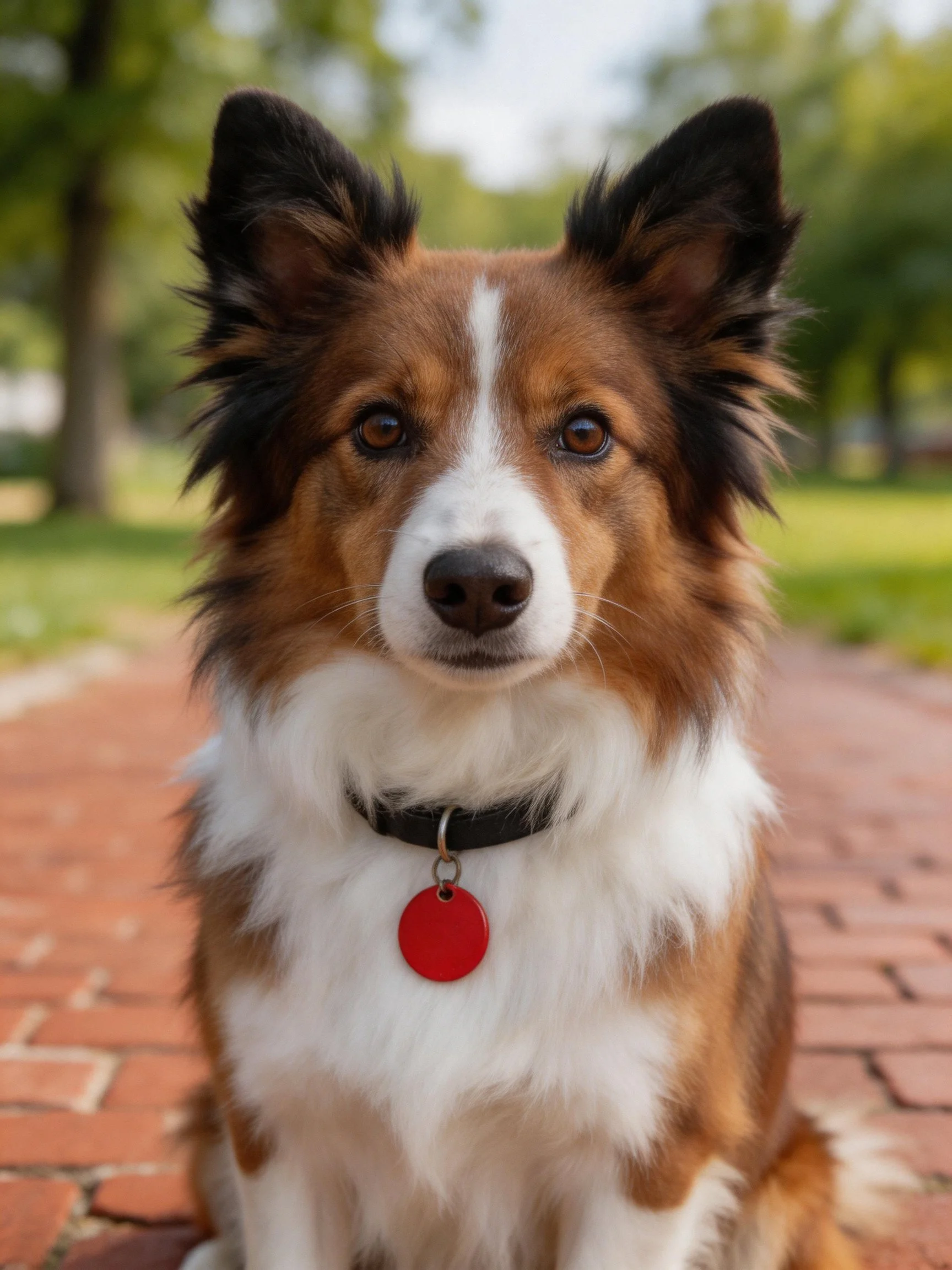 A collie with mixed brown, white, and black fur sits on a brick path.