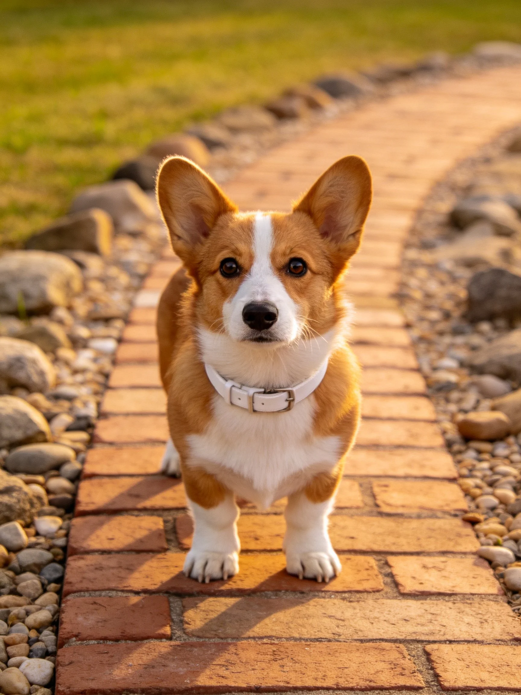 A brown and white corgi puppy stands on a brick pathway near rocks and grass