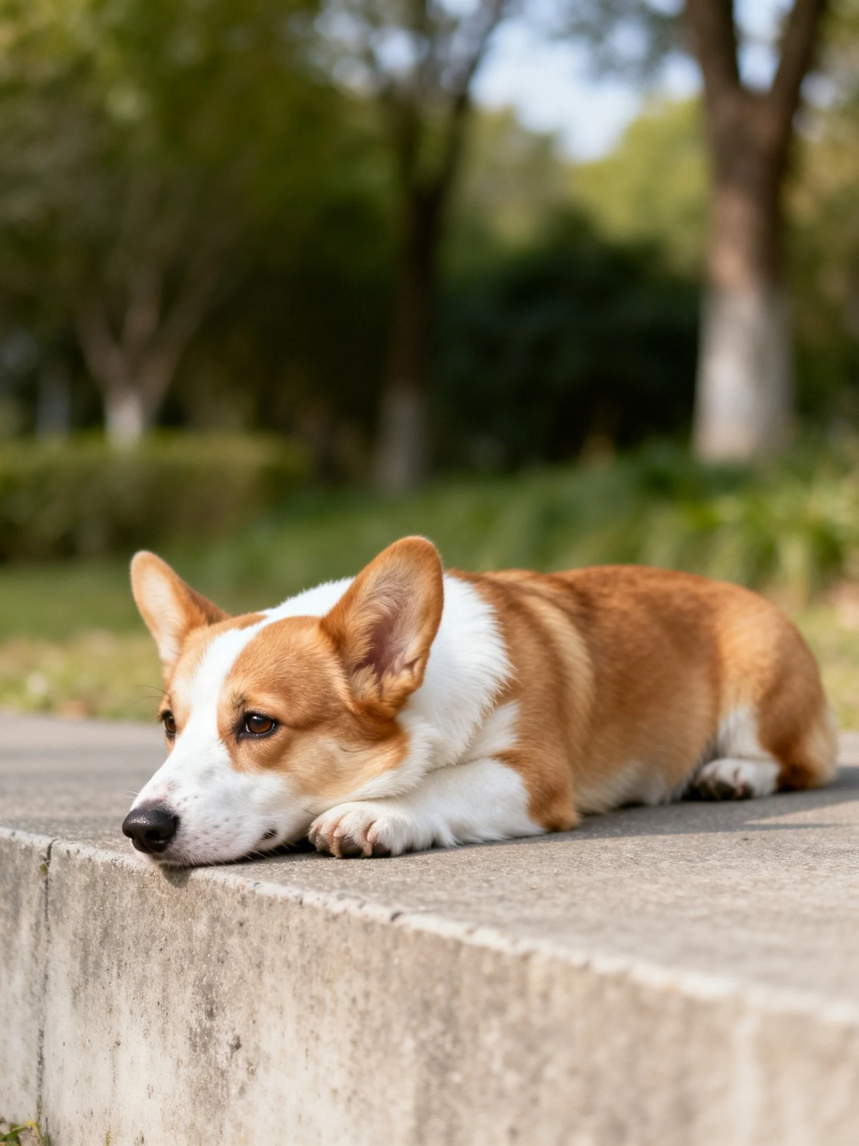 A brown and white corgi relaxes on a concrete surface in a park.