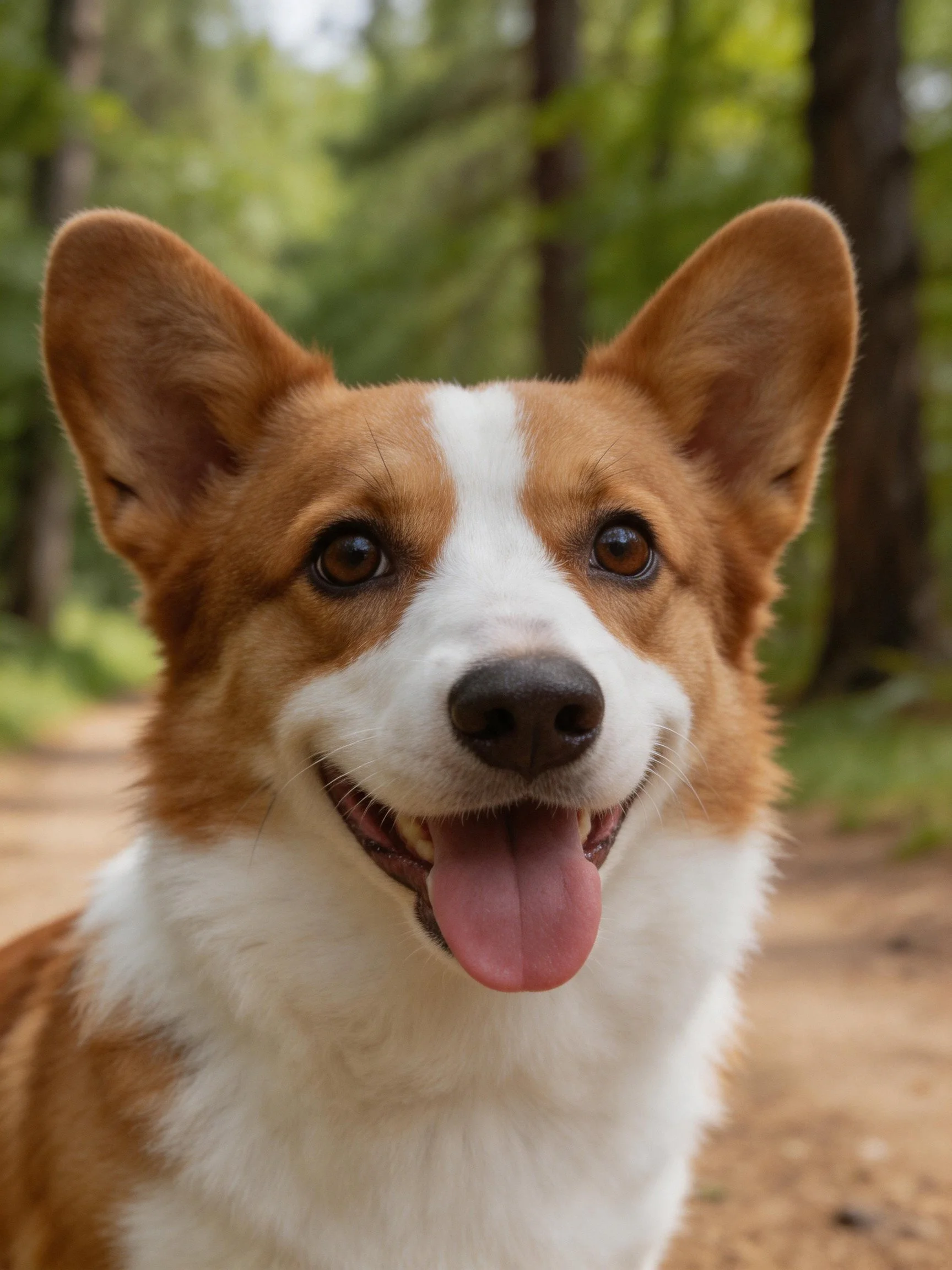 Brown and white corgi smiling near a forest trail