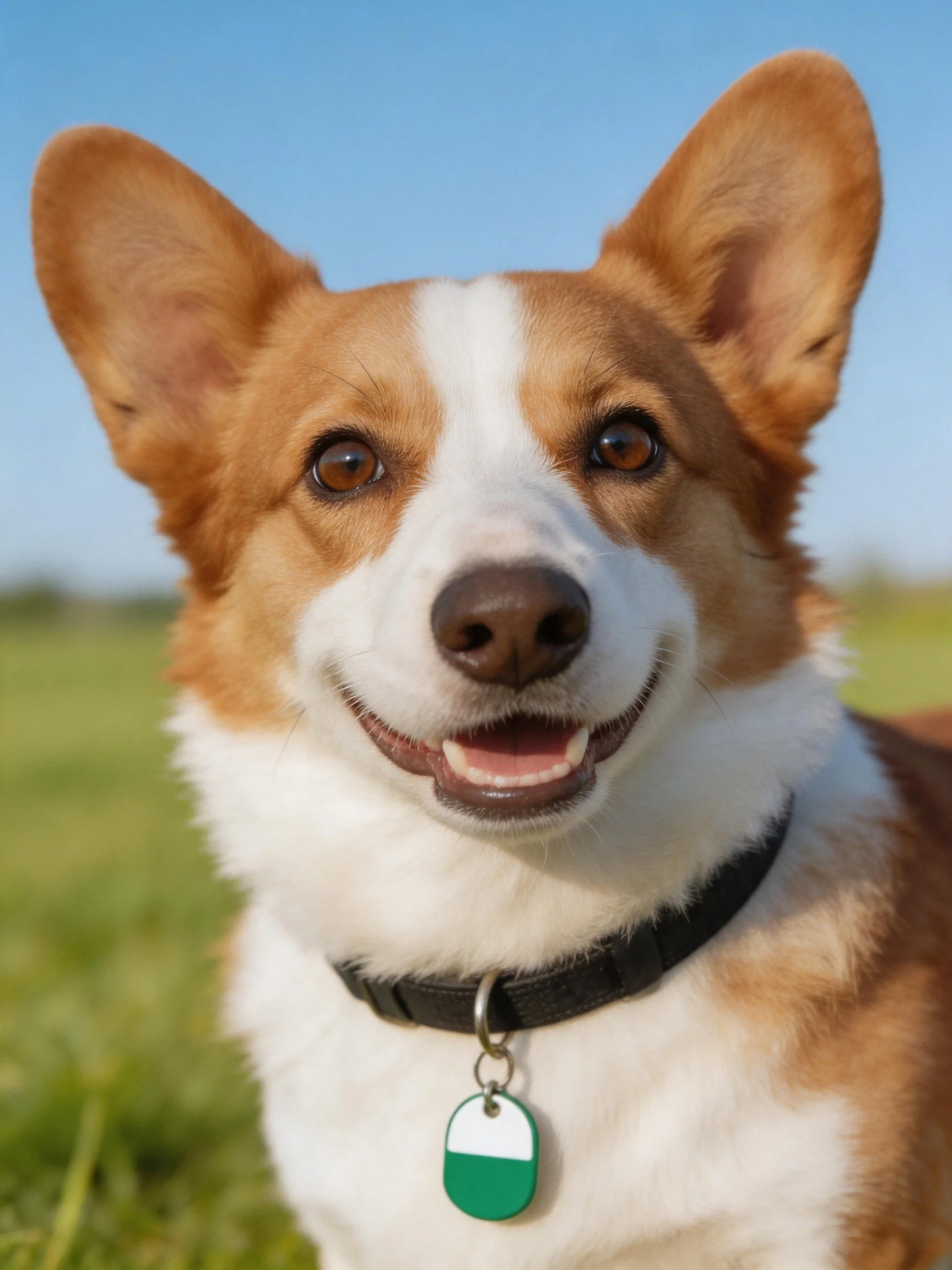Brown and white corgi with upright ears in a sunny field