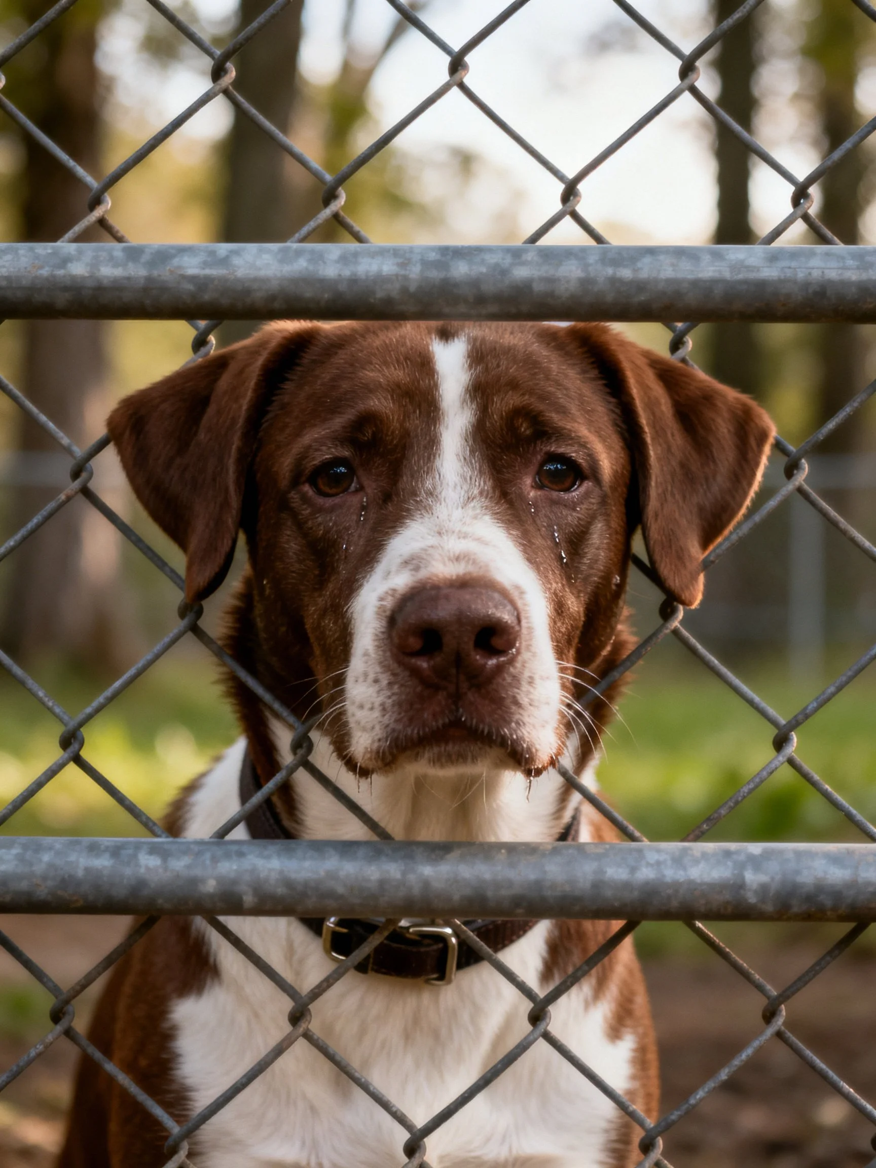 Brown and white dog behind chain-link fence with droopy eyes