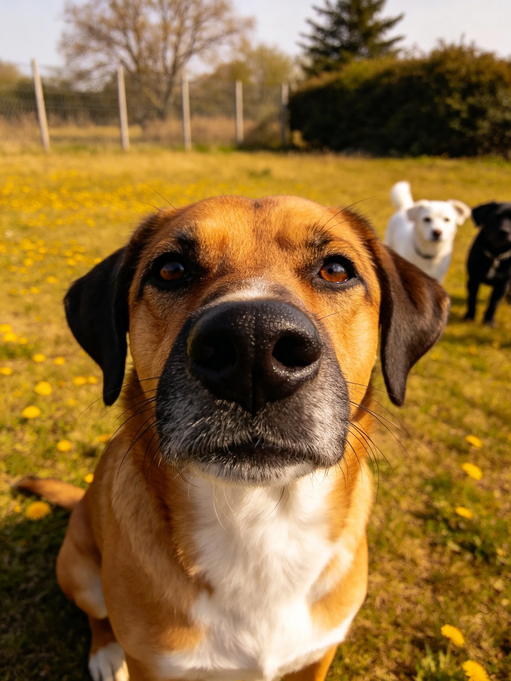 Brown and white dog centered, two dogs behind in a flower-filled meadow