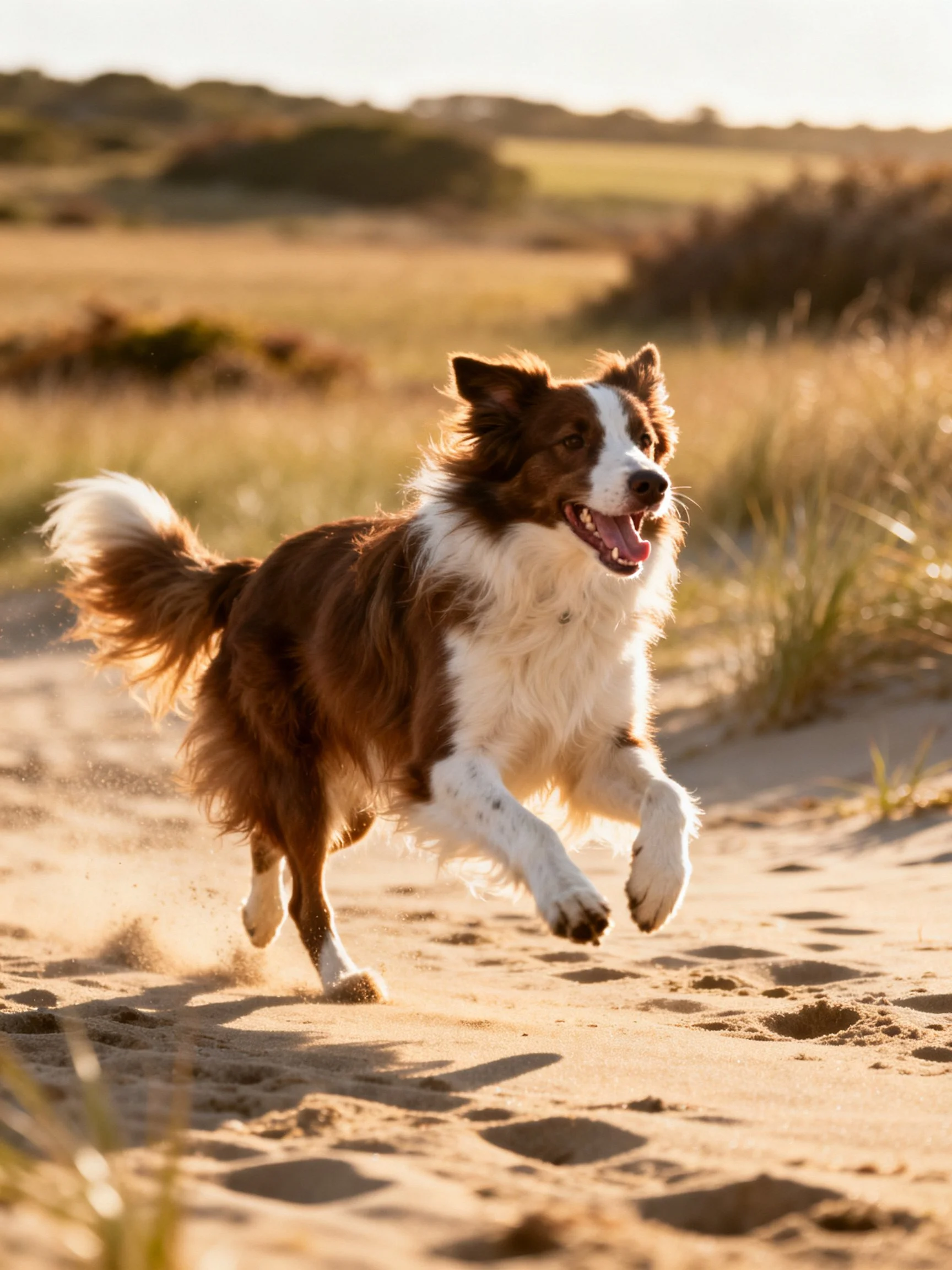 Brown and white dog dashes through golden sandy landscape