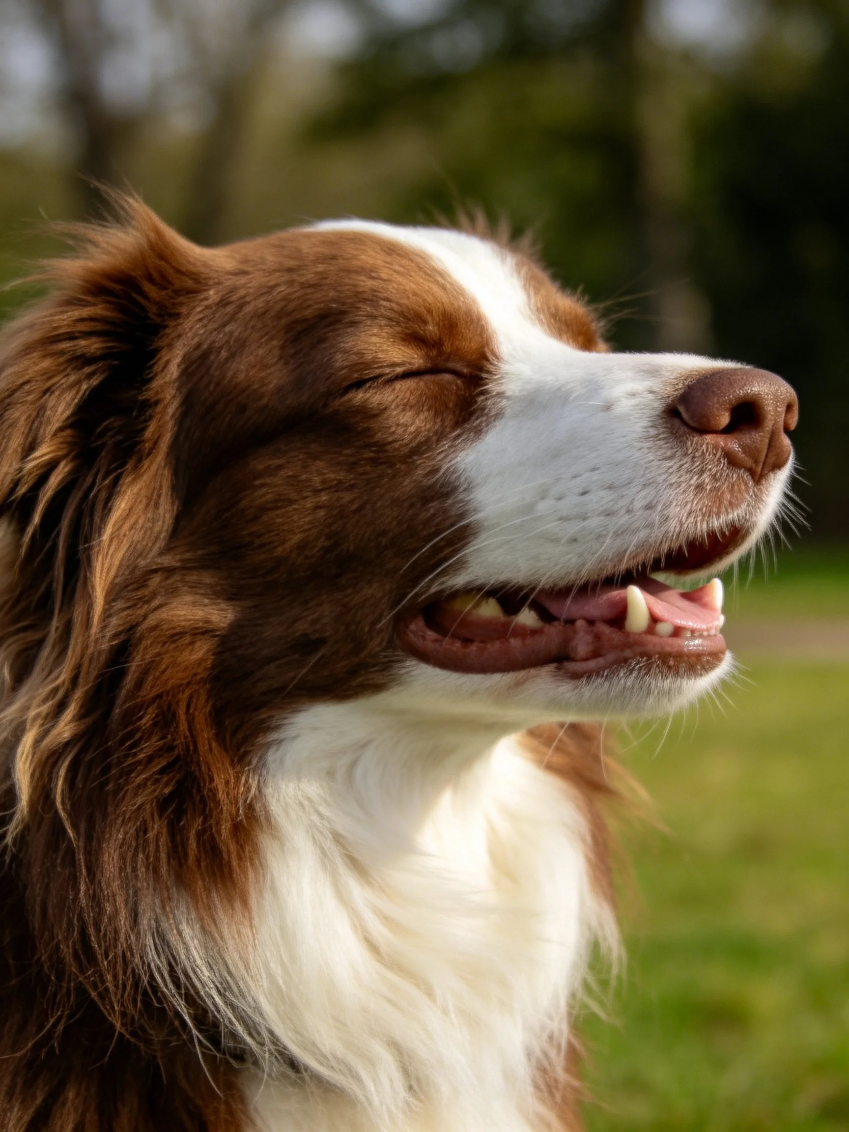 Brown and white dog enjoying sunlight with closed eyes