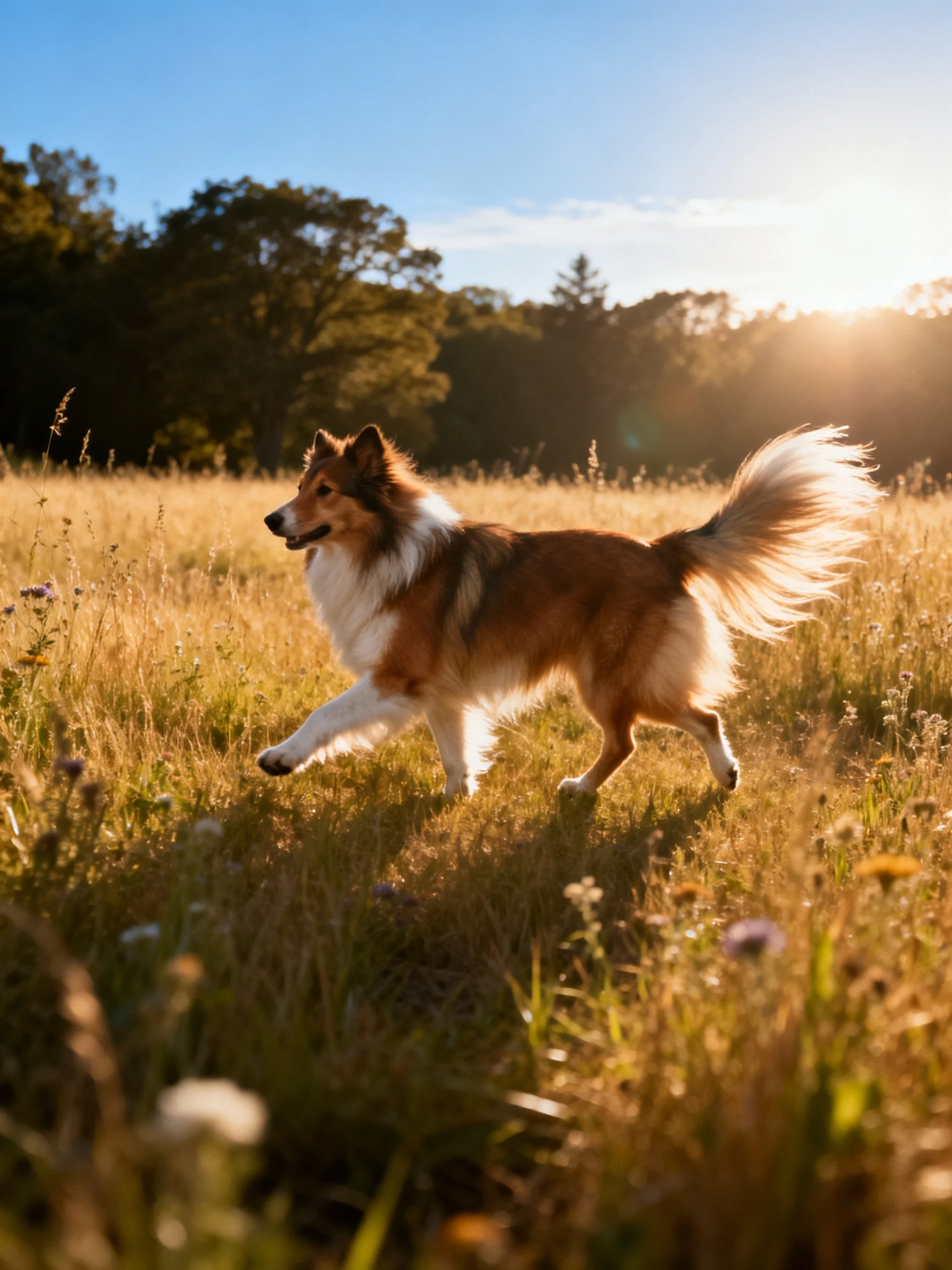 A brown and white dog runs energetically through a sunlit meadow of tall grass.