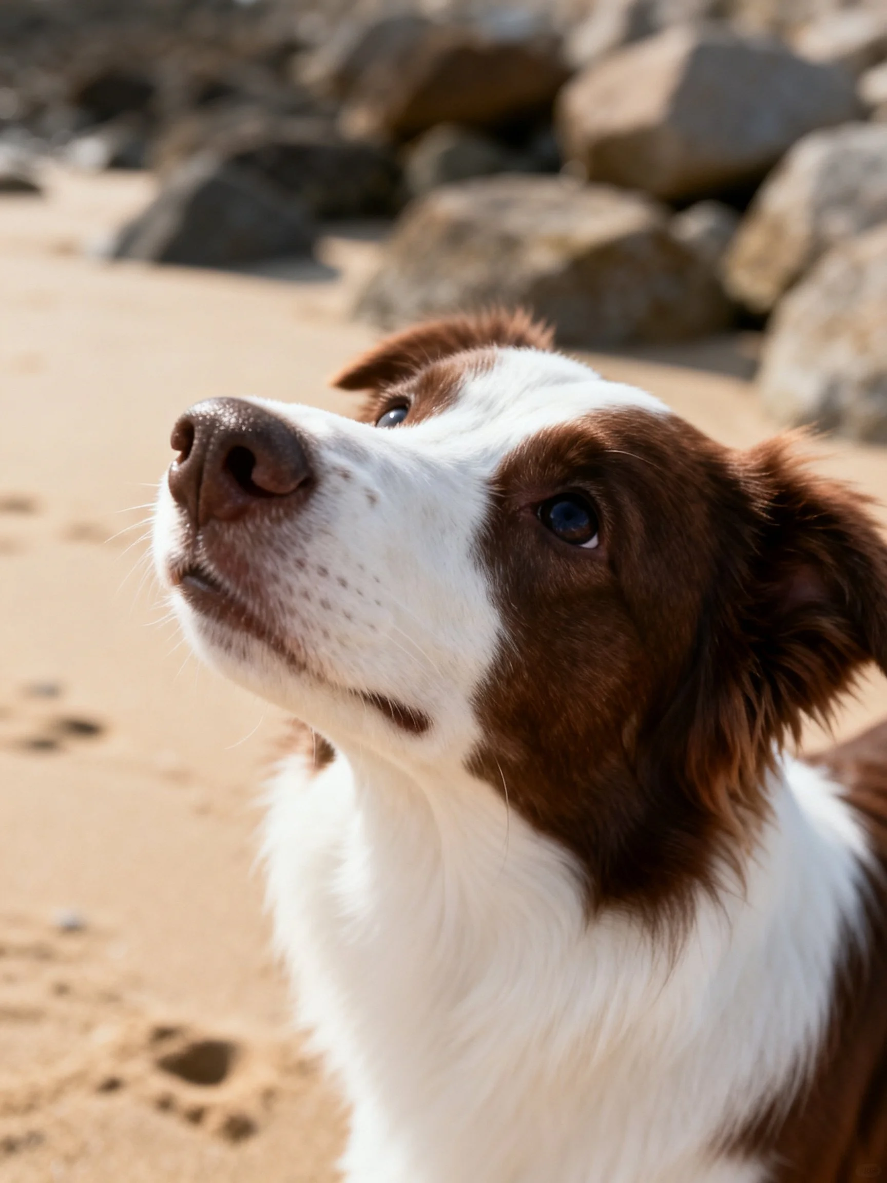Brown and white dog gazes upward on sandy beach with rocky backdrop