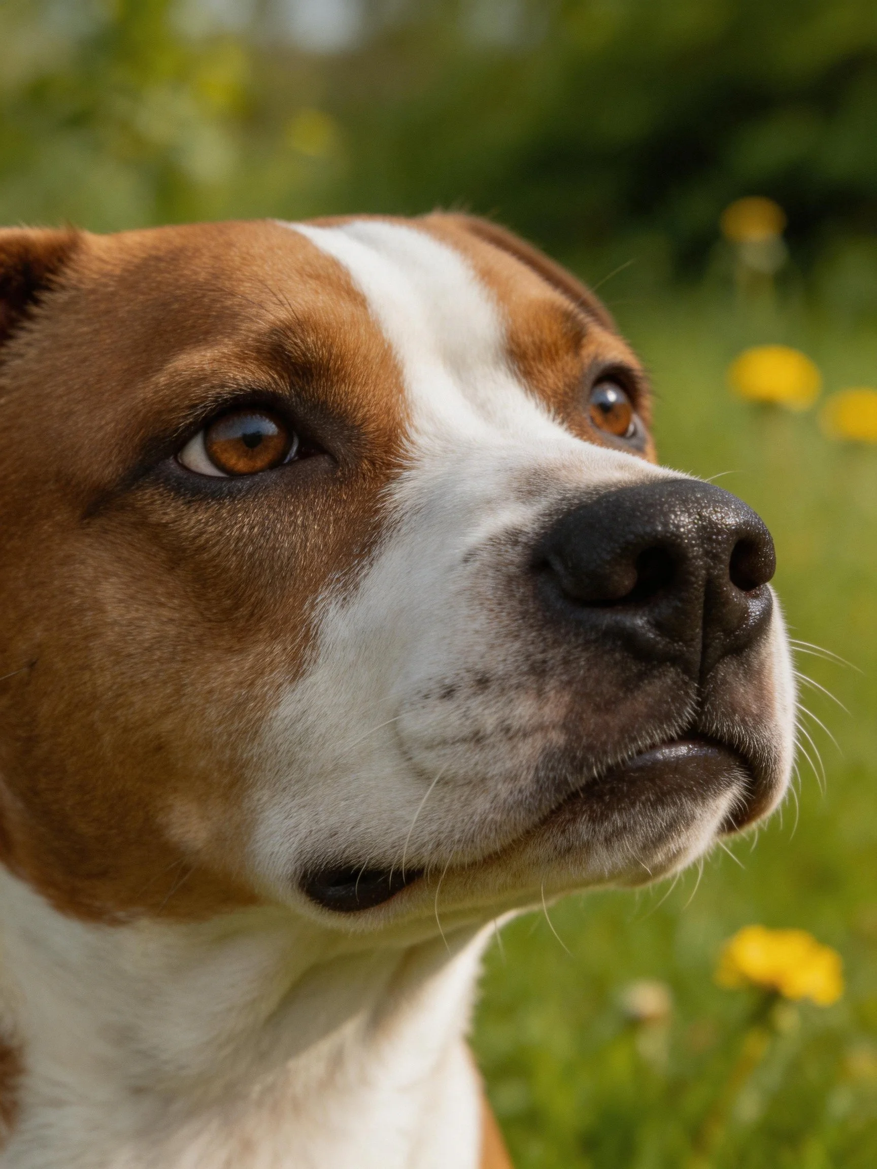 Brown and white dog gazing into a sunlit meadow with yellow flowers