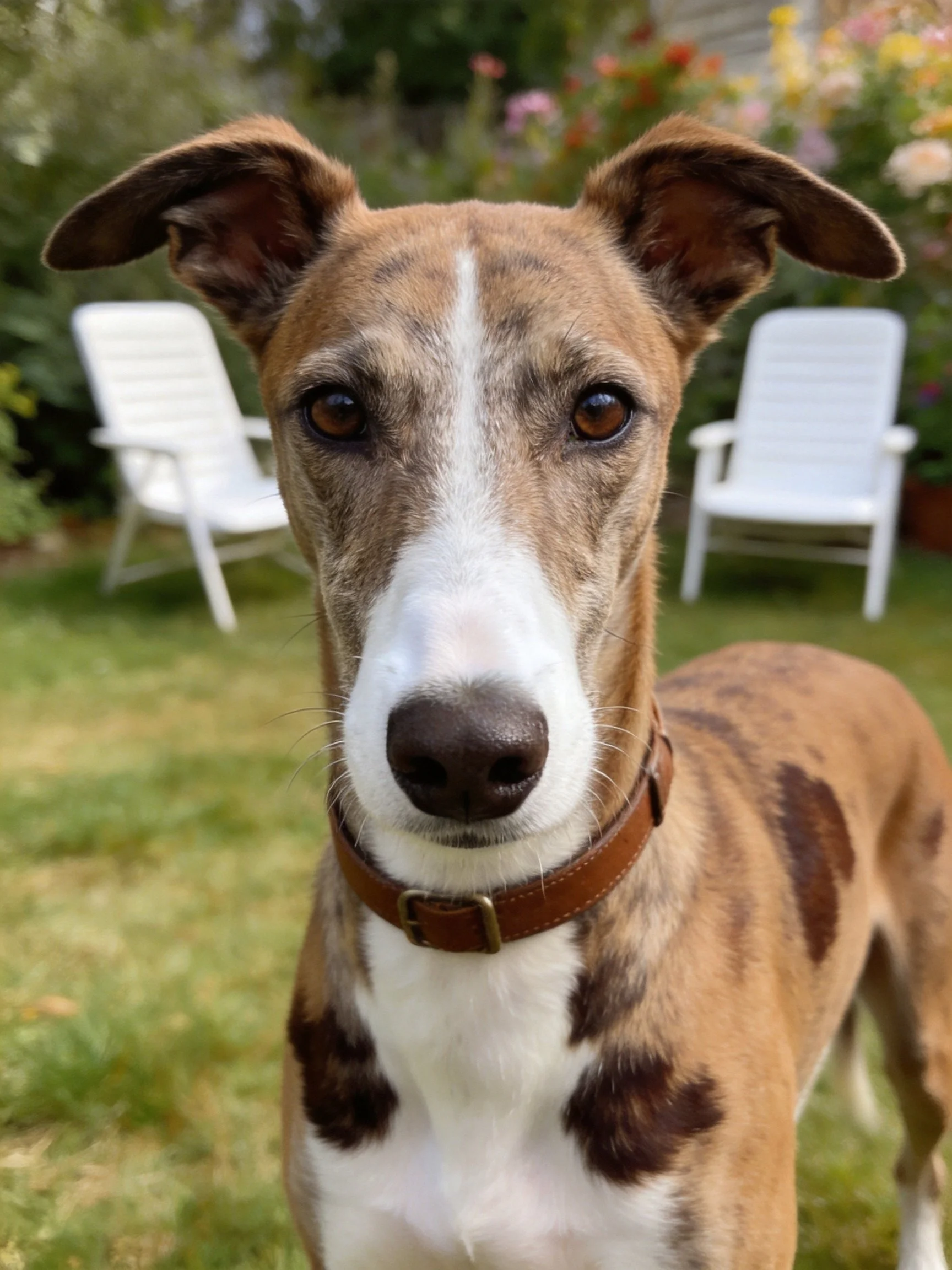 Brown and white dog in garden with two white chairs