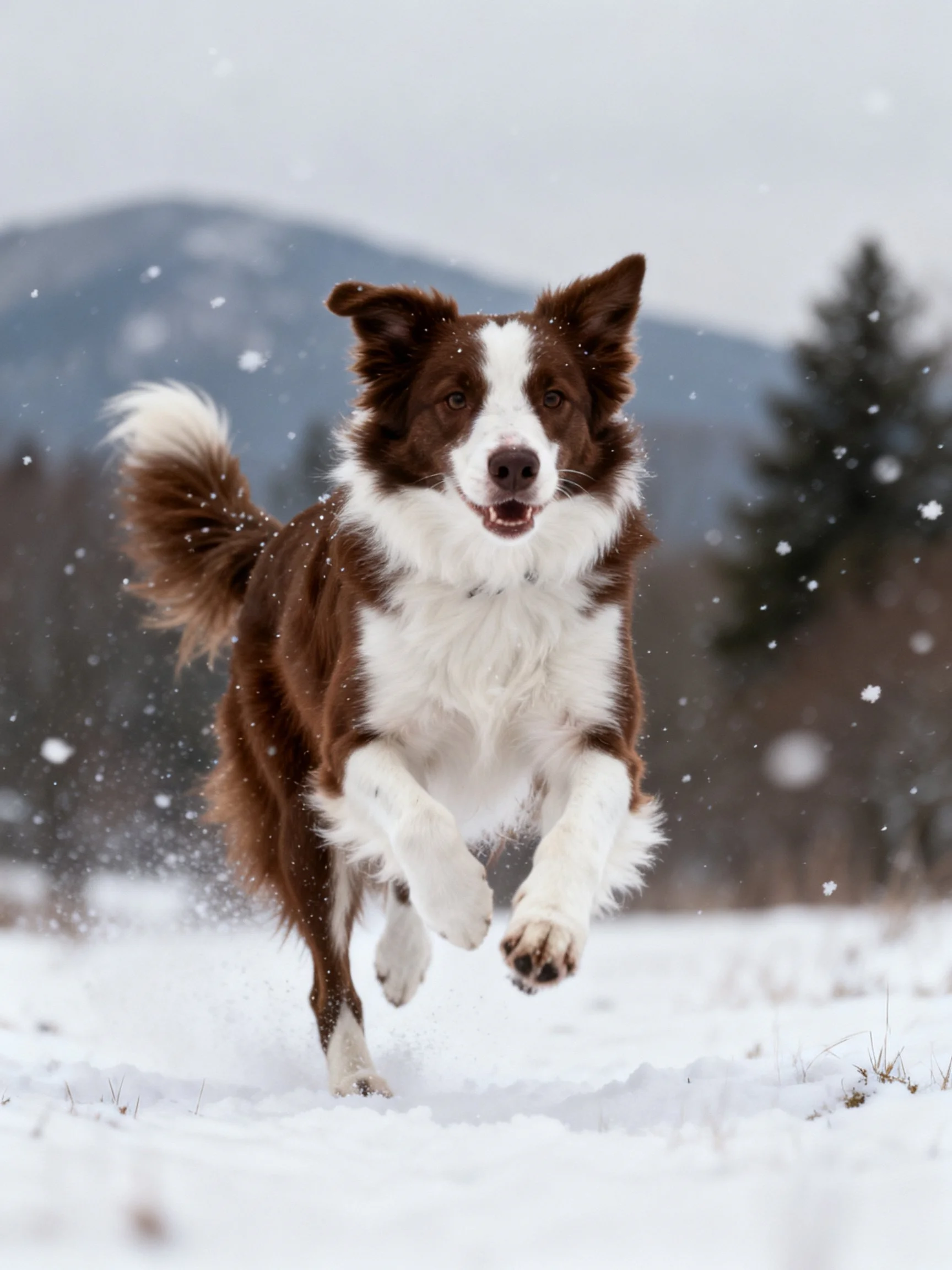 Brown and white dog leaping through falling snow near mountains