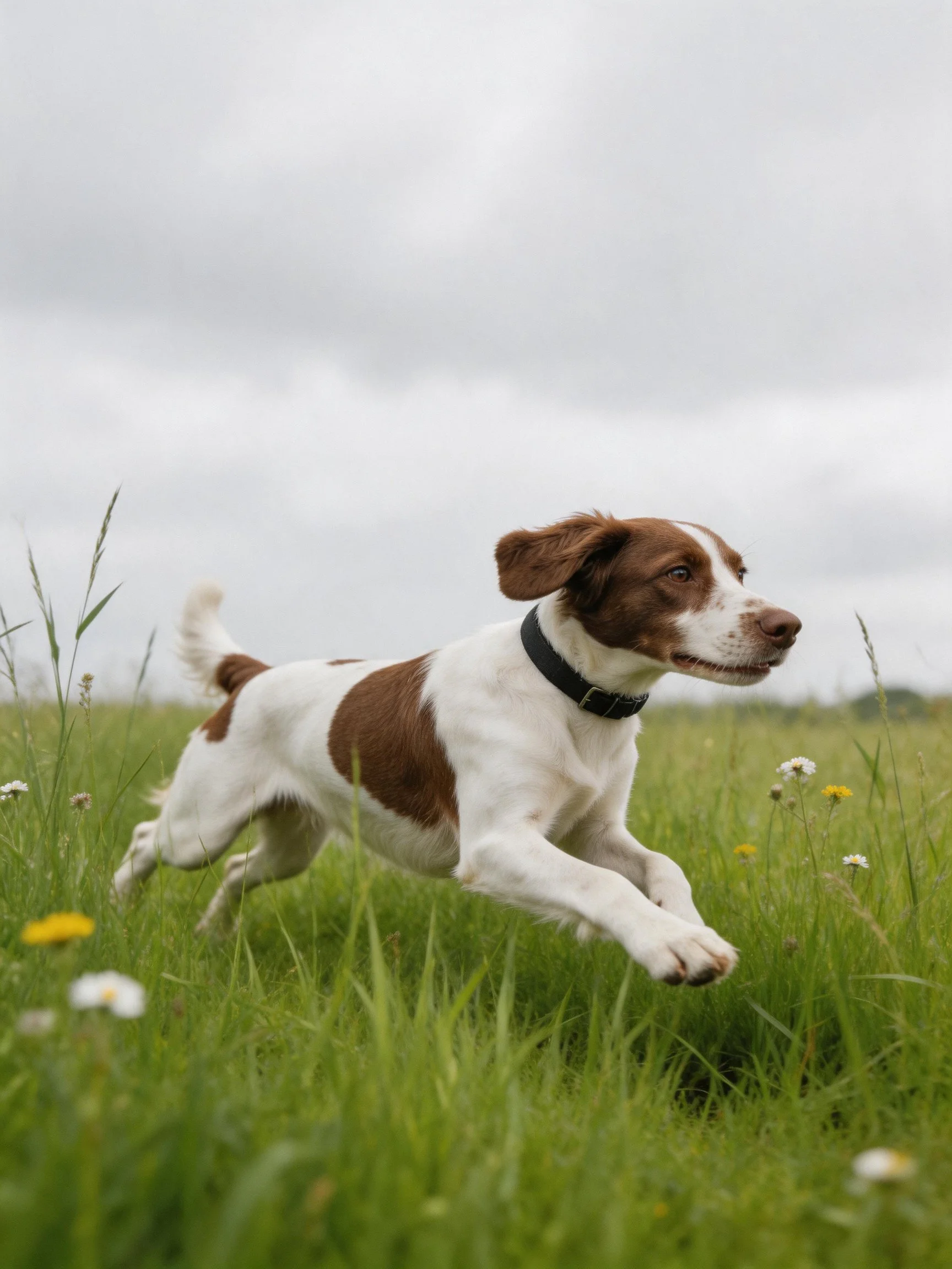 Brown and white dog leaping through tall grassy meadow
