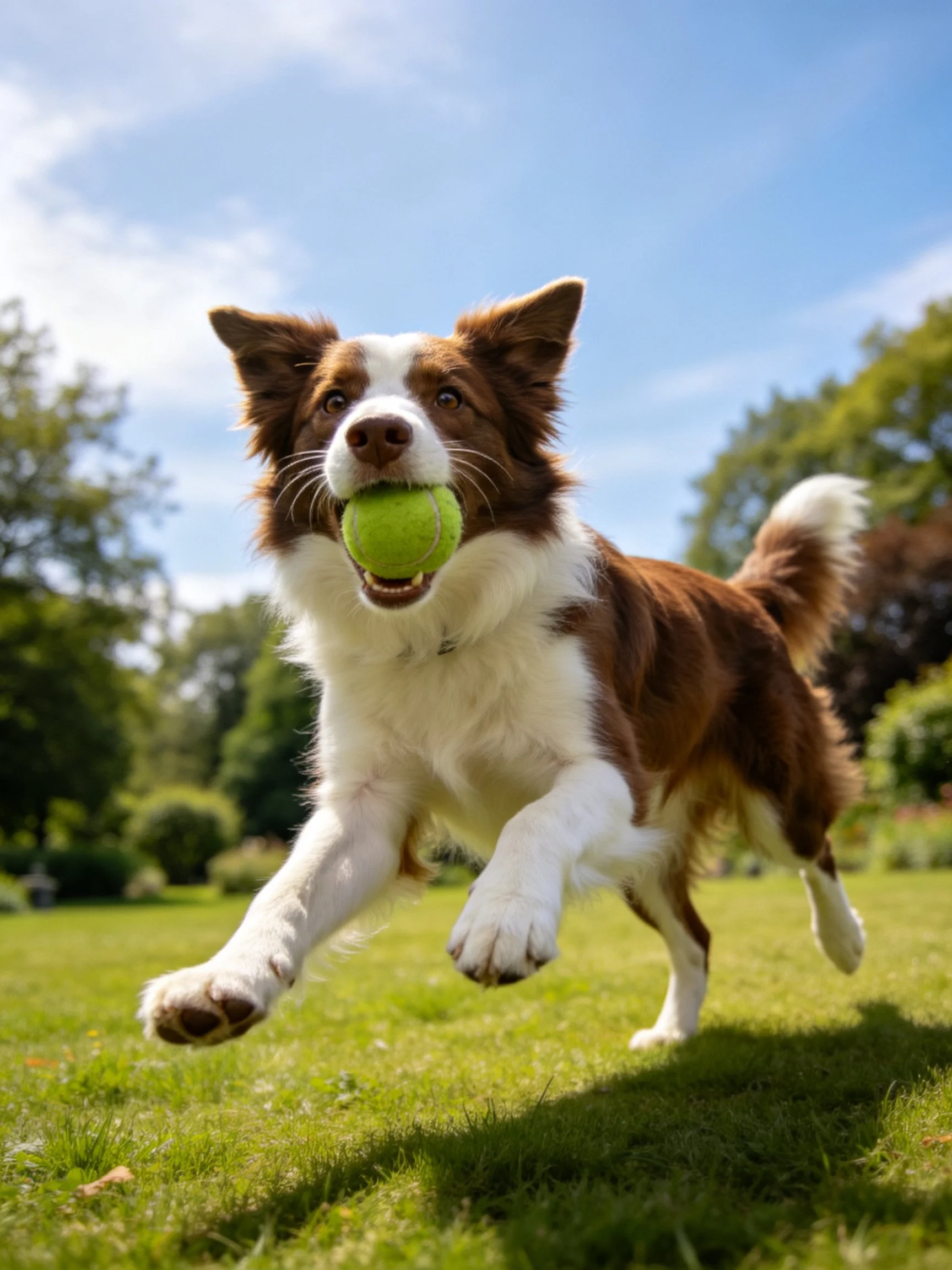 Brown and white dog leaping with a green tennis ball in a sunny park