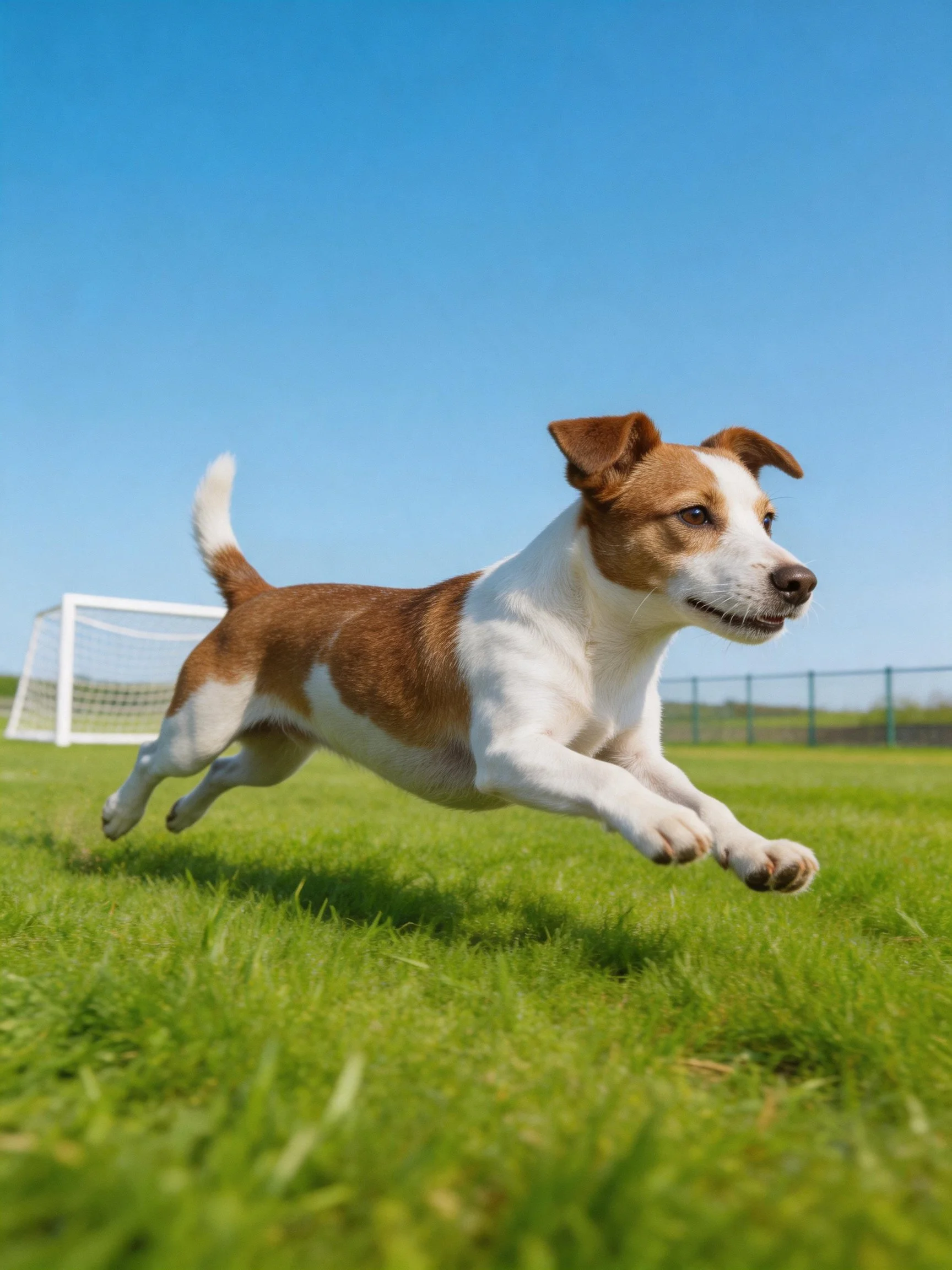 Brown and white dog leaps on grassy field near soccer goal