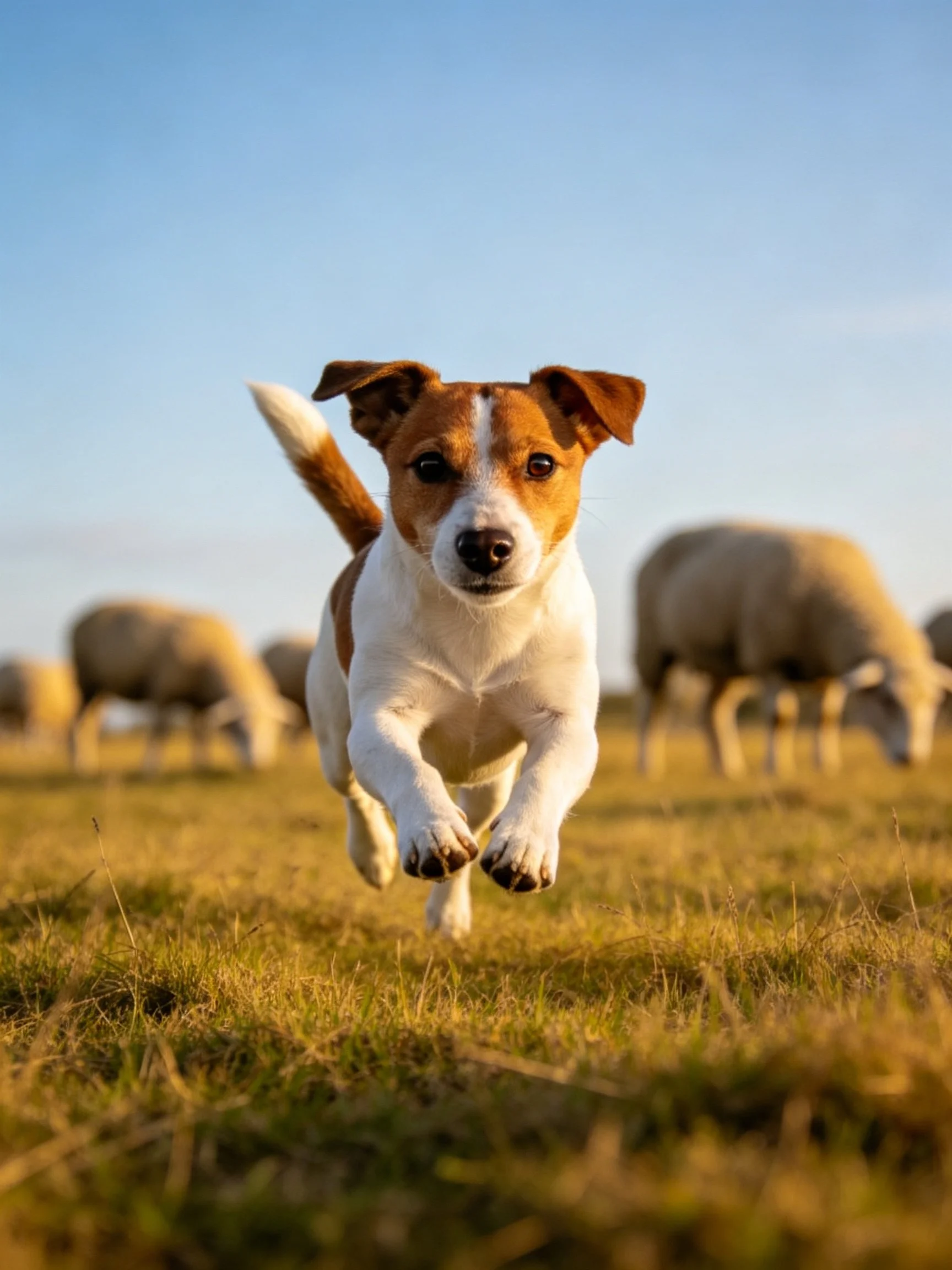 A small dog runs toward the camera with sheep in the background