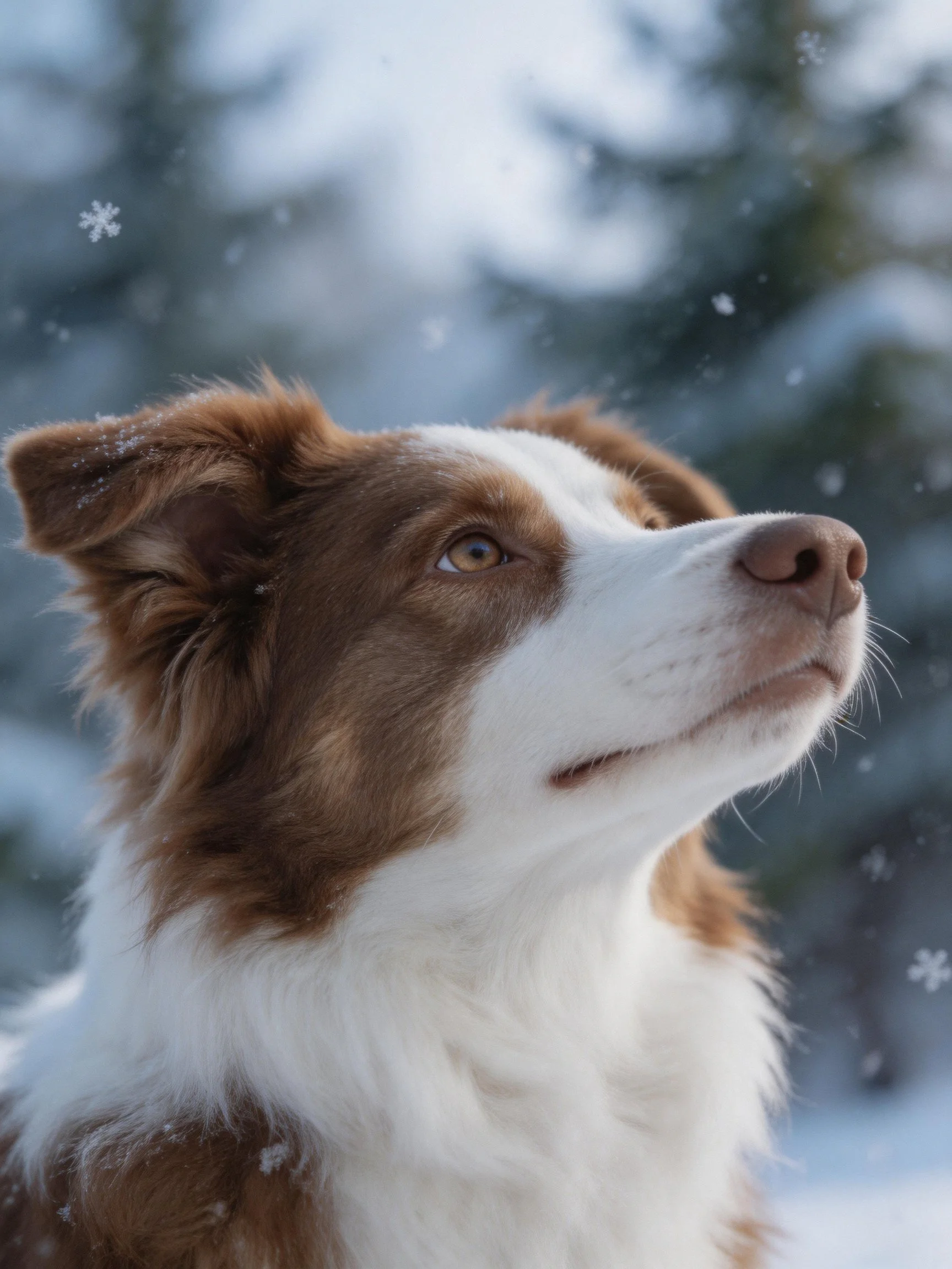 A brown and white dog gazes upward as snow falls around it in a snowy environment.