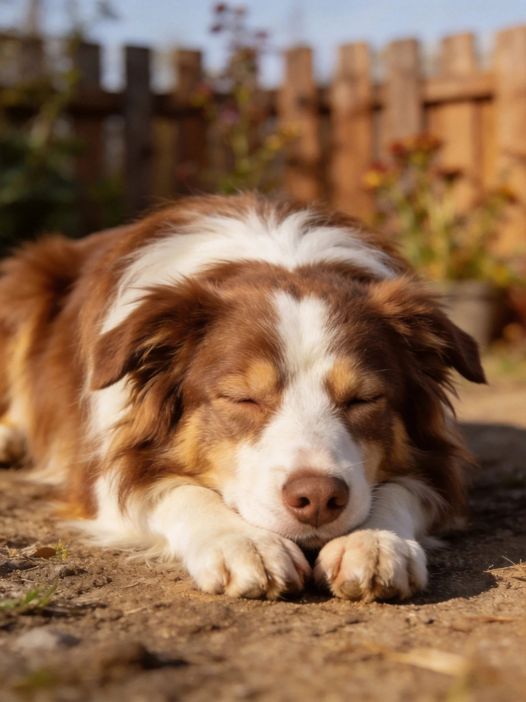 Brown and white dog napping on dirt near wooden fence