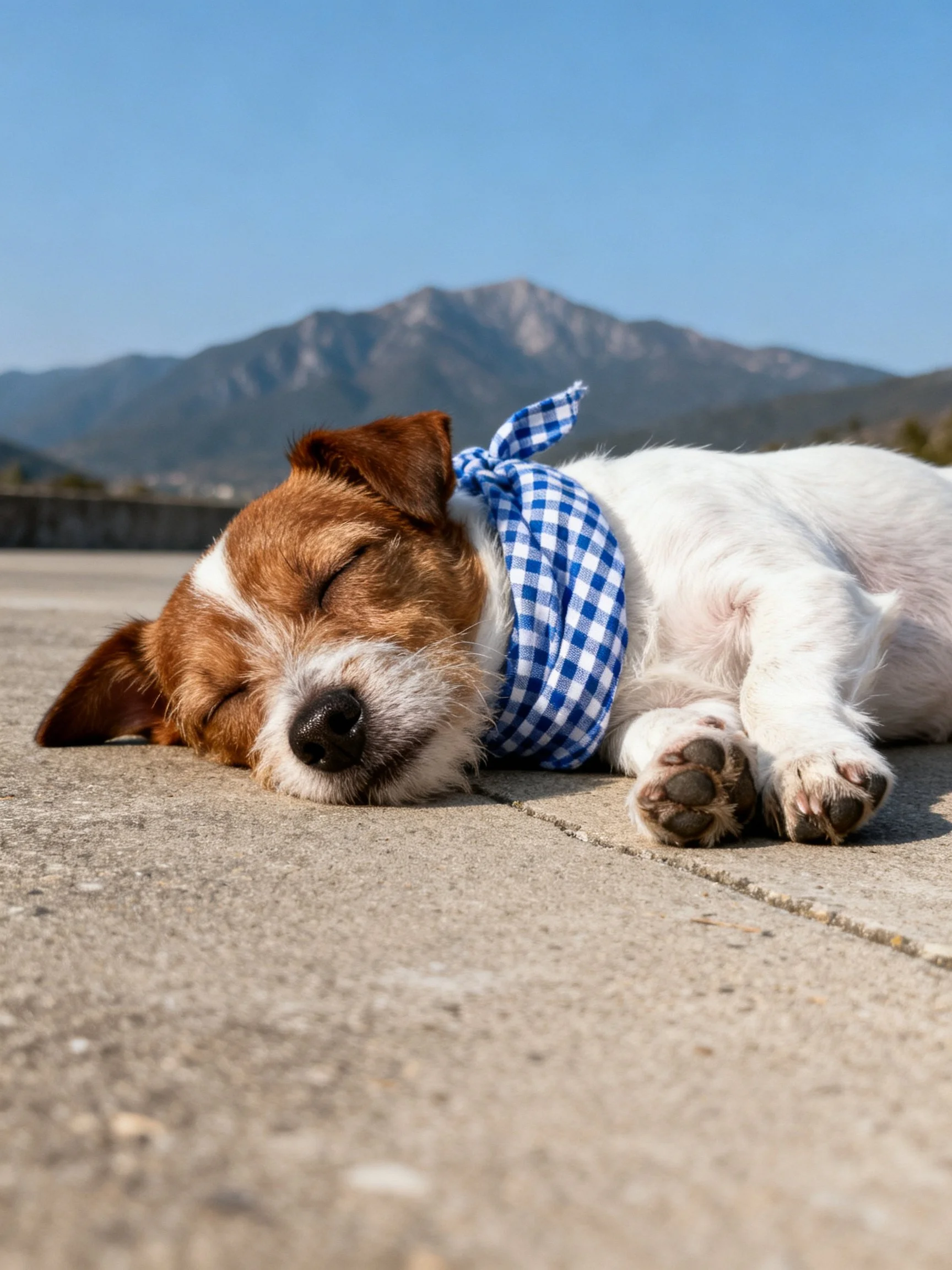 A brown-and-white dog rests calmly on pavement beside mountainous scenery.