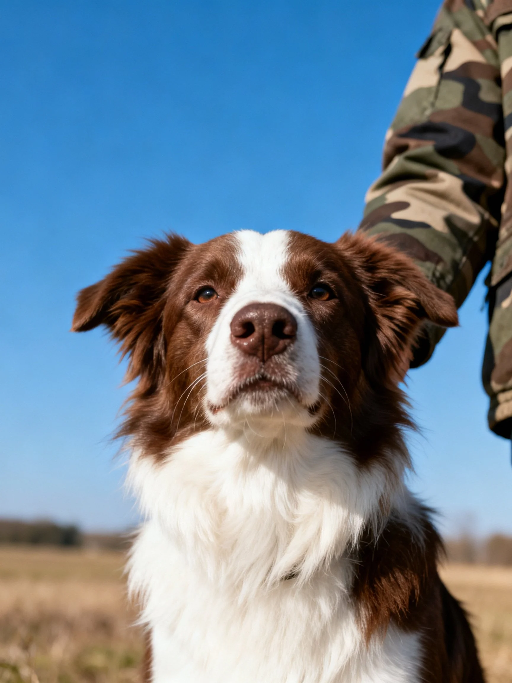Brown and white dog near a person in camouflage outdoors