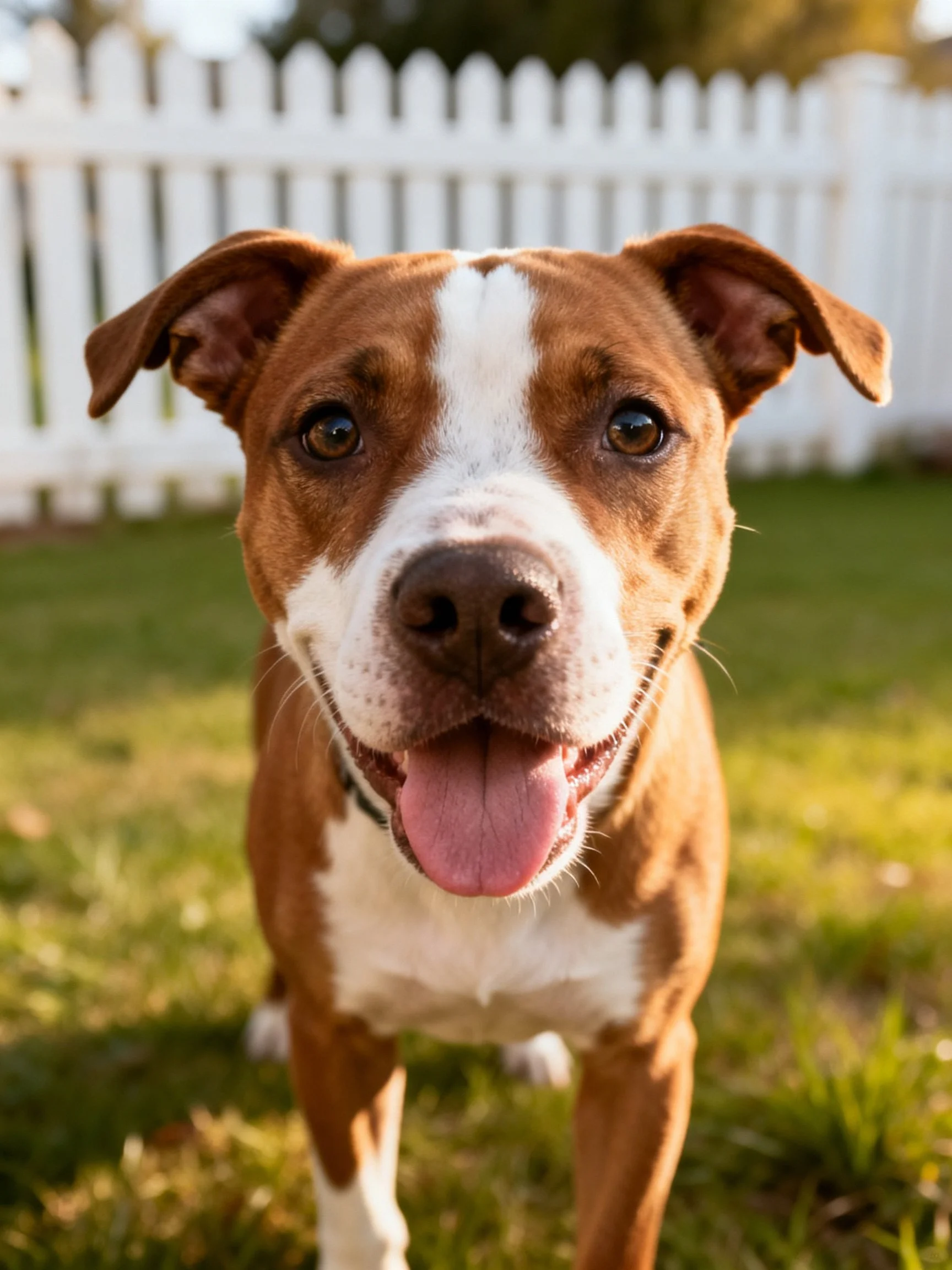 A brown and white dog stands happily near a white picket fence.
