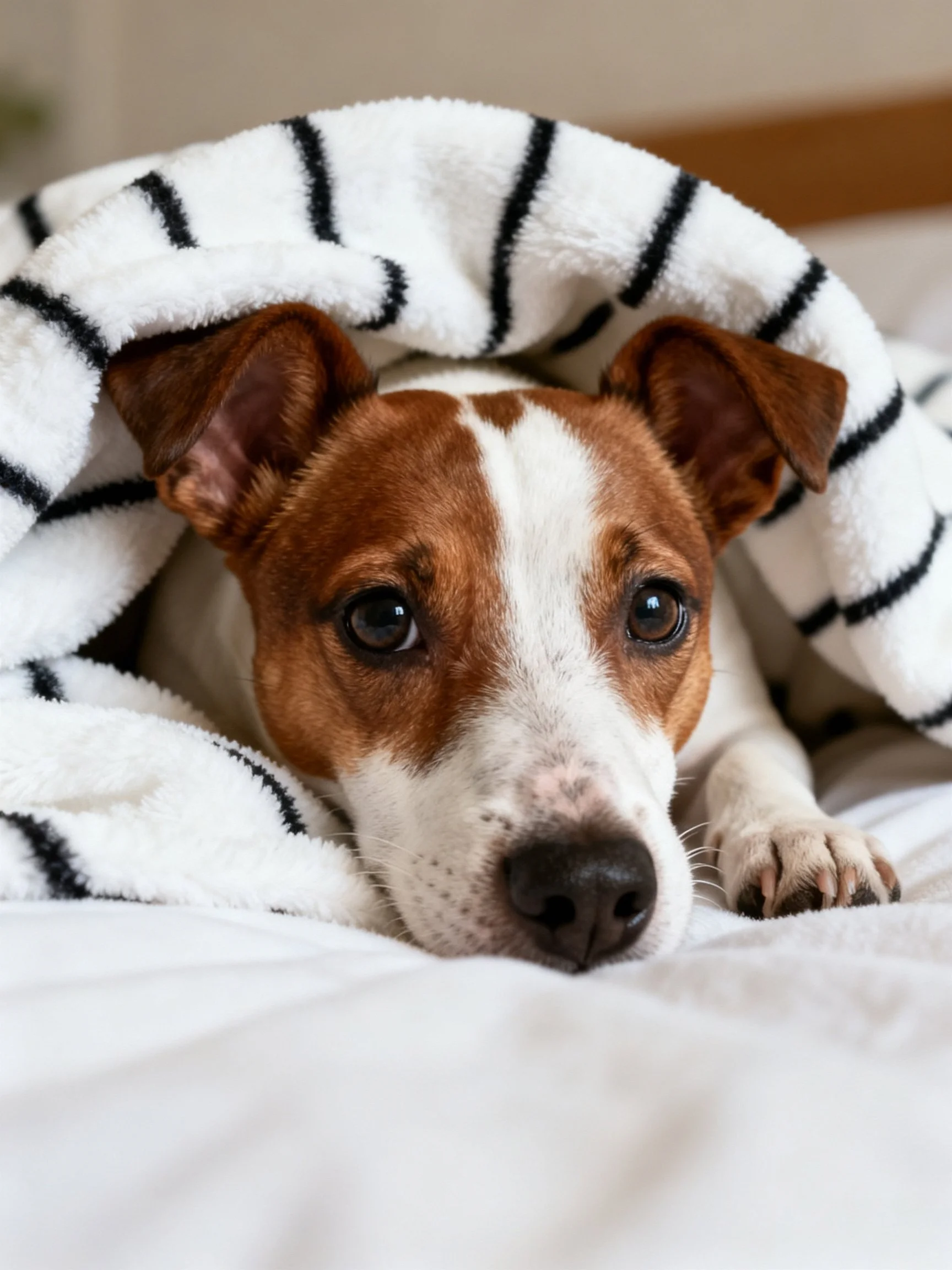 Brown and white dog nestled in a striped white towel