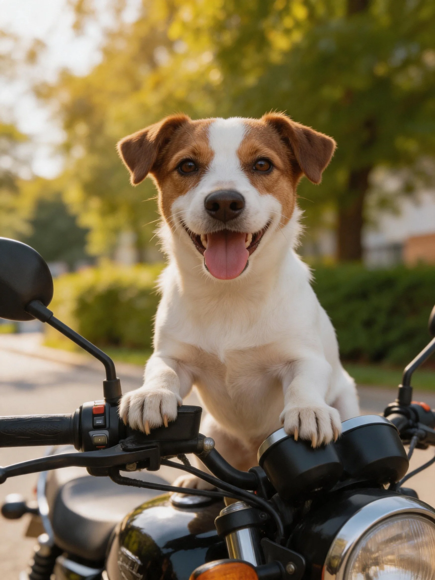 A brown and white dog rides a black motorcycle in sunny daylight.