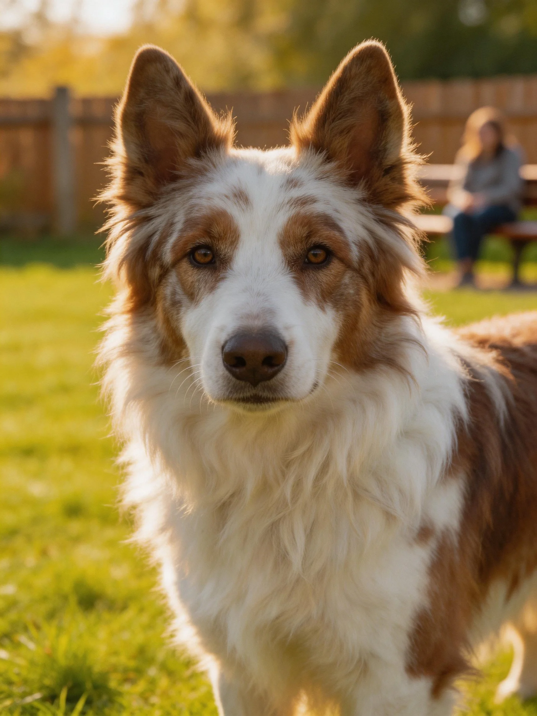 Brown and white dog on grass near wooden fence with seated figure