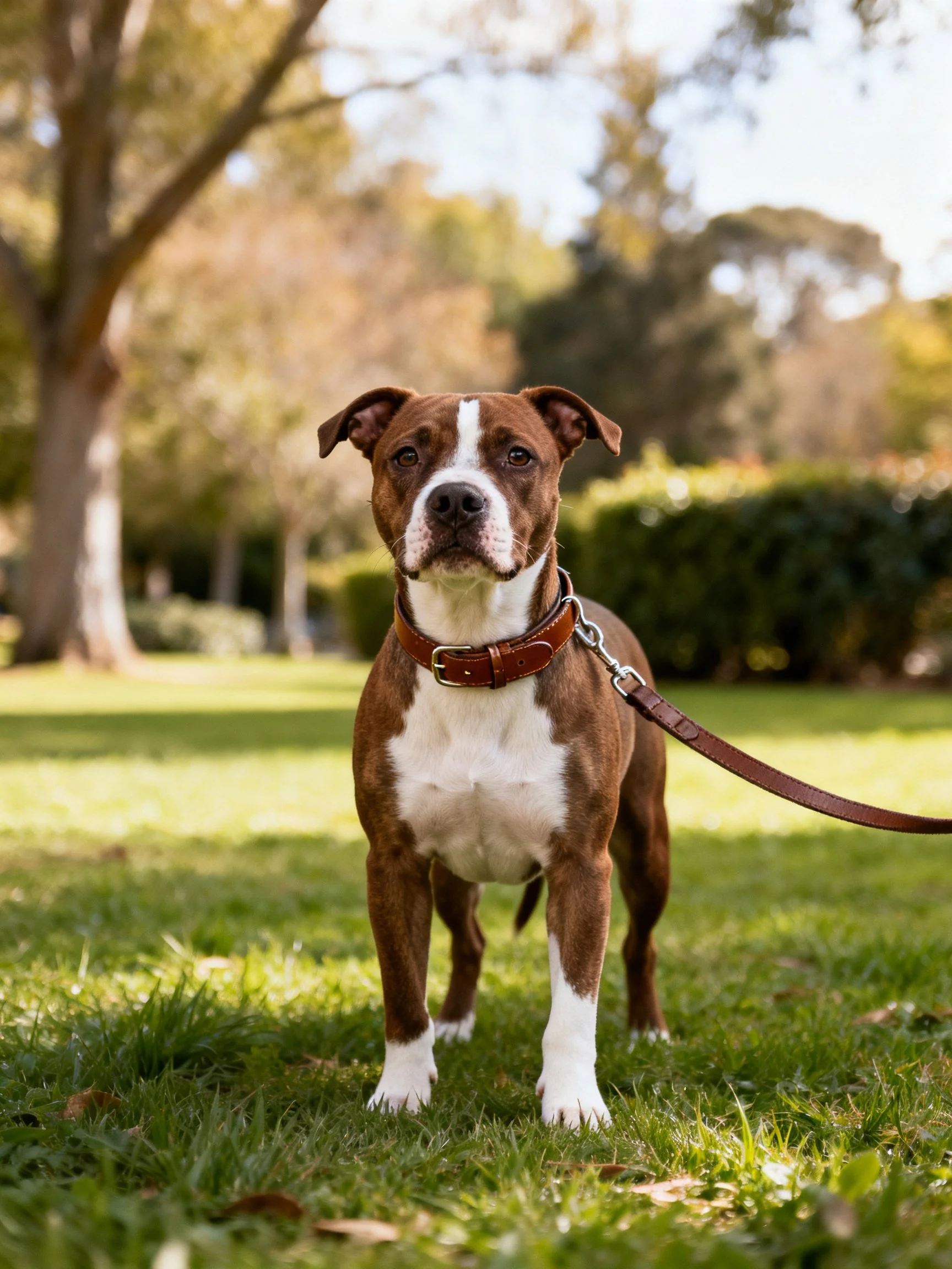 A brown and white dog stands on grass with a collar and leash in a sunny park.