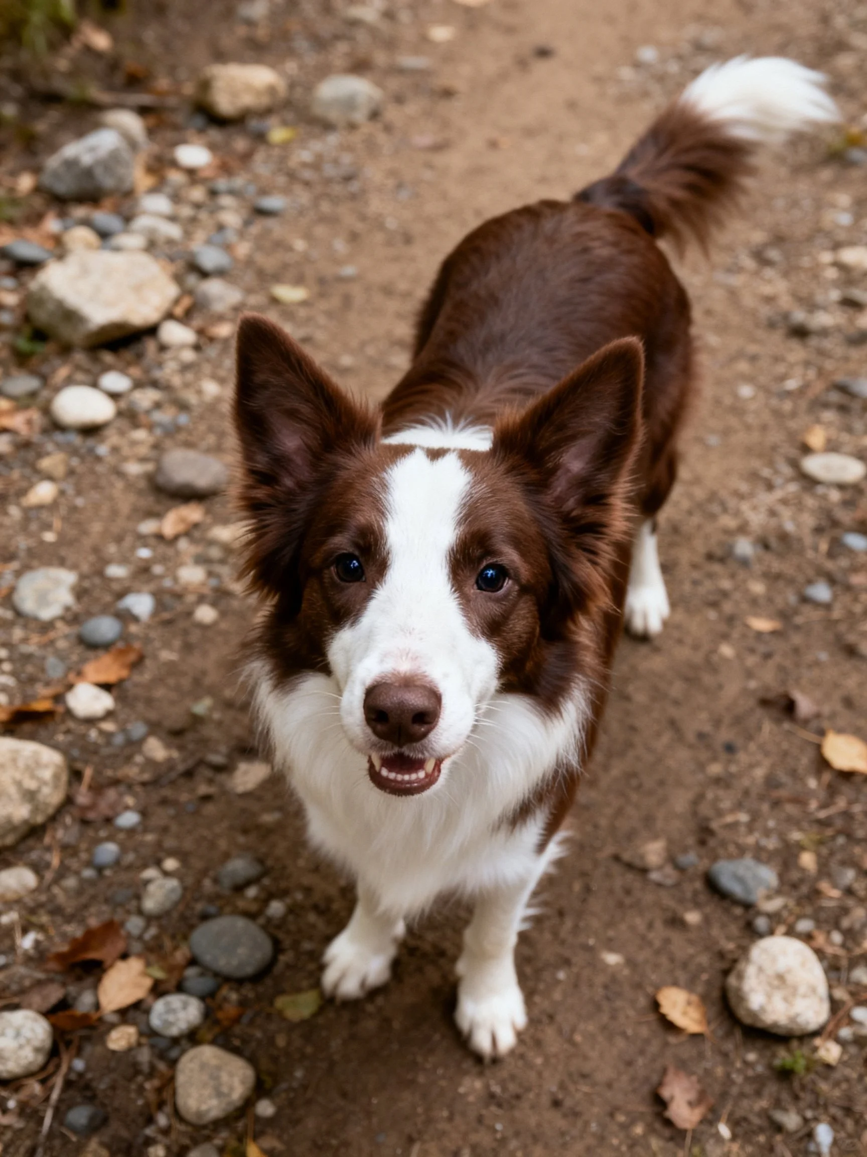 A brown and white dog stands on a rocky dirt path near stones and leaves.