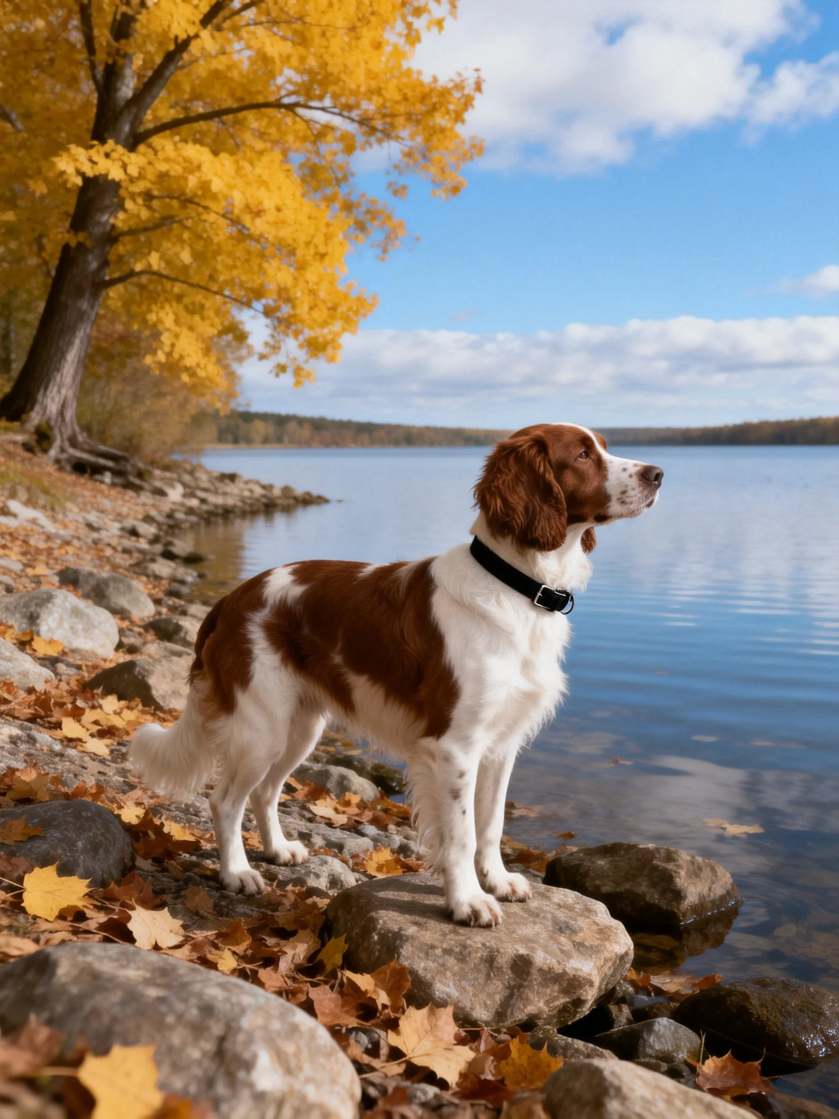 A dog stands on rocky shore beside a calm lake during autumn.