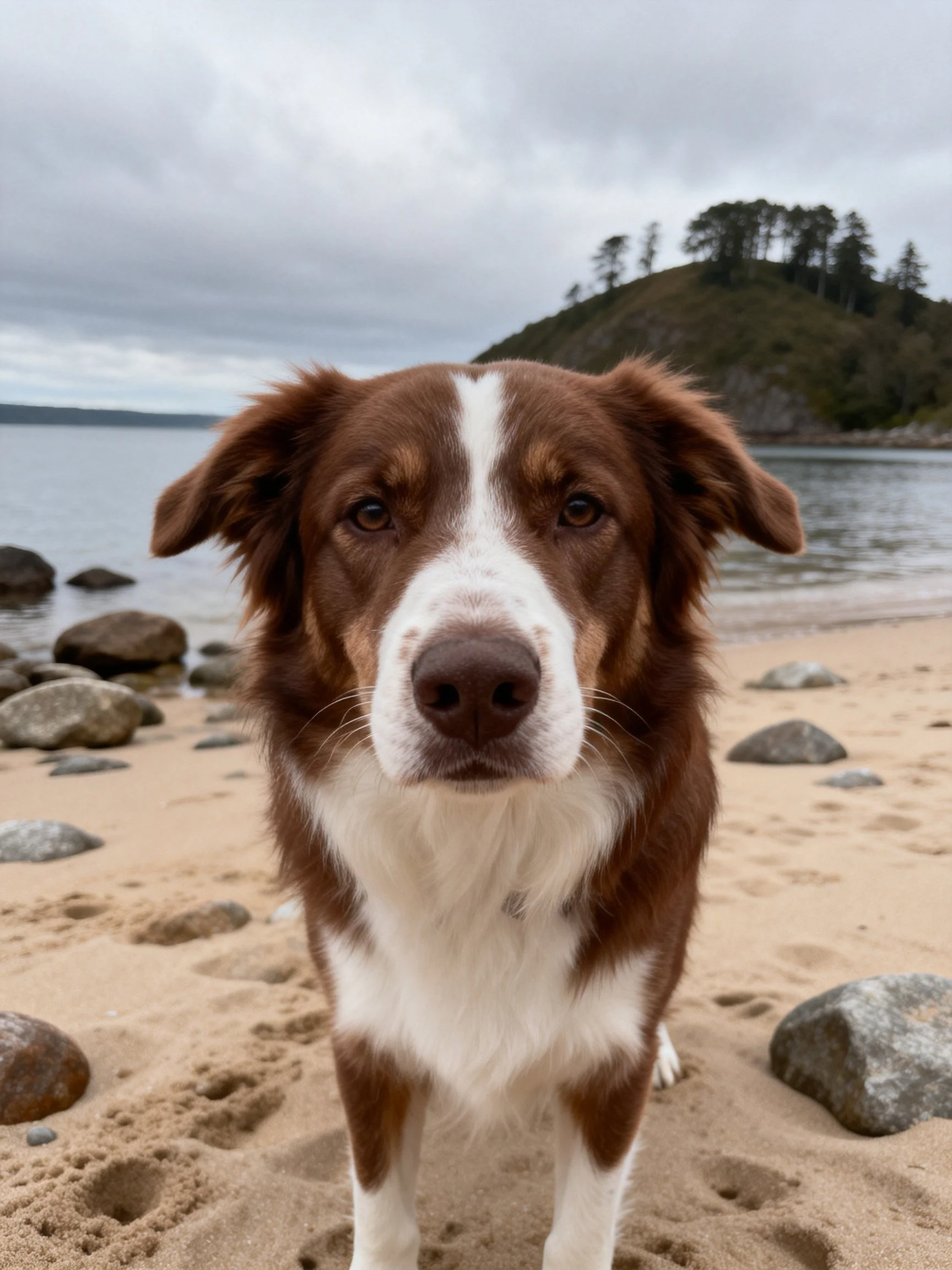 Brown and white dog on sandy beach with rocky shore and tree - covered hill