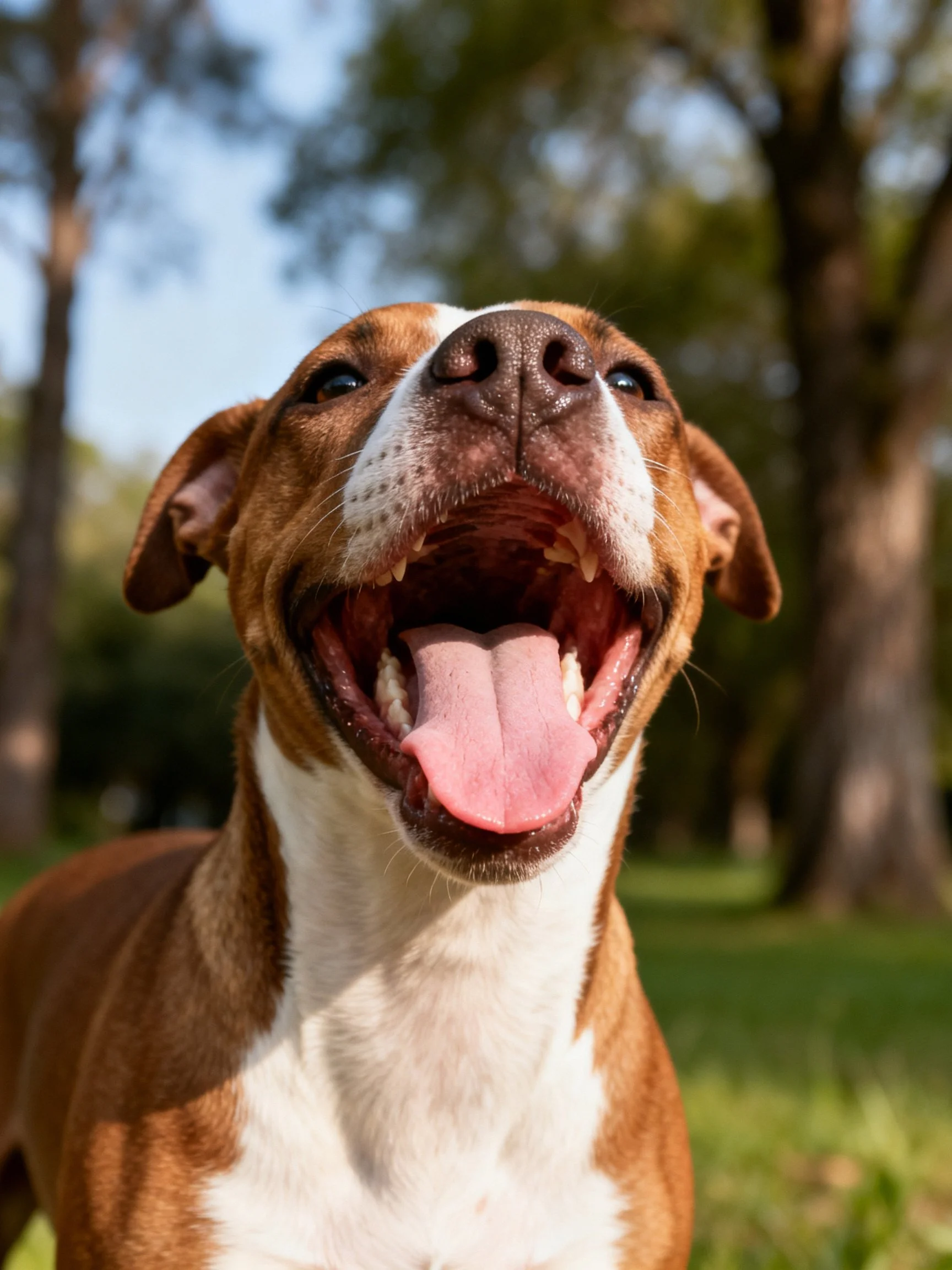 Brown and white dog panting joyfully amid sunlit trees