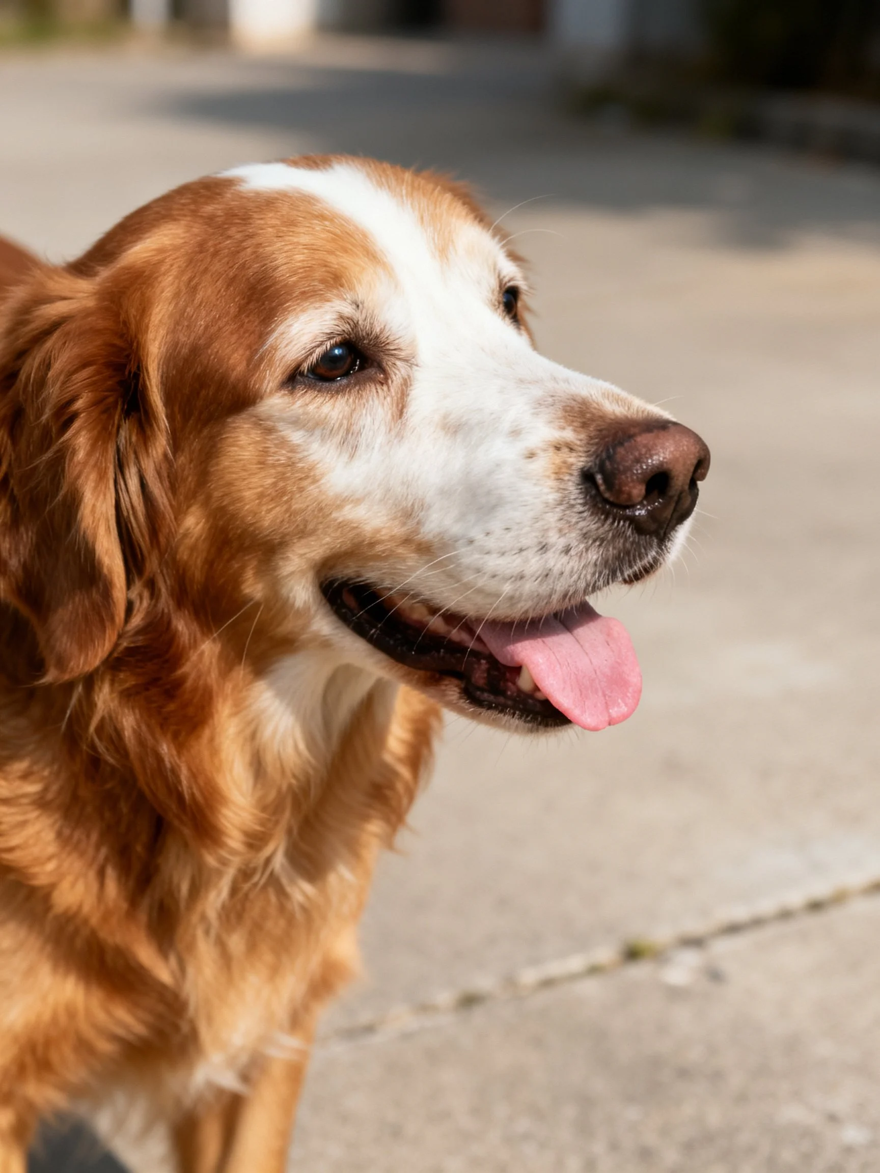 Brown and white dog panting on a sunlit concrete pavement