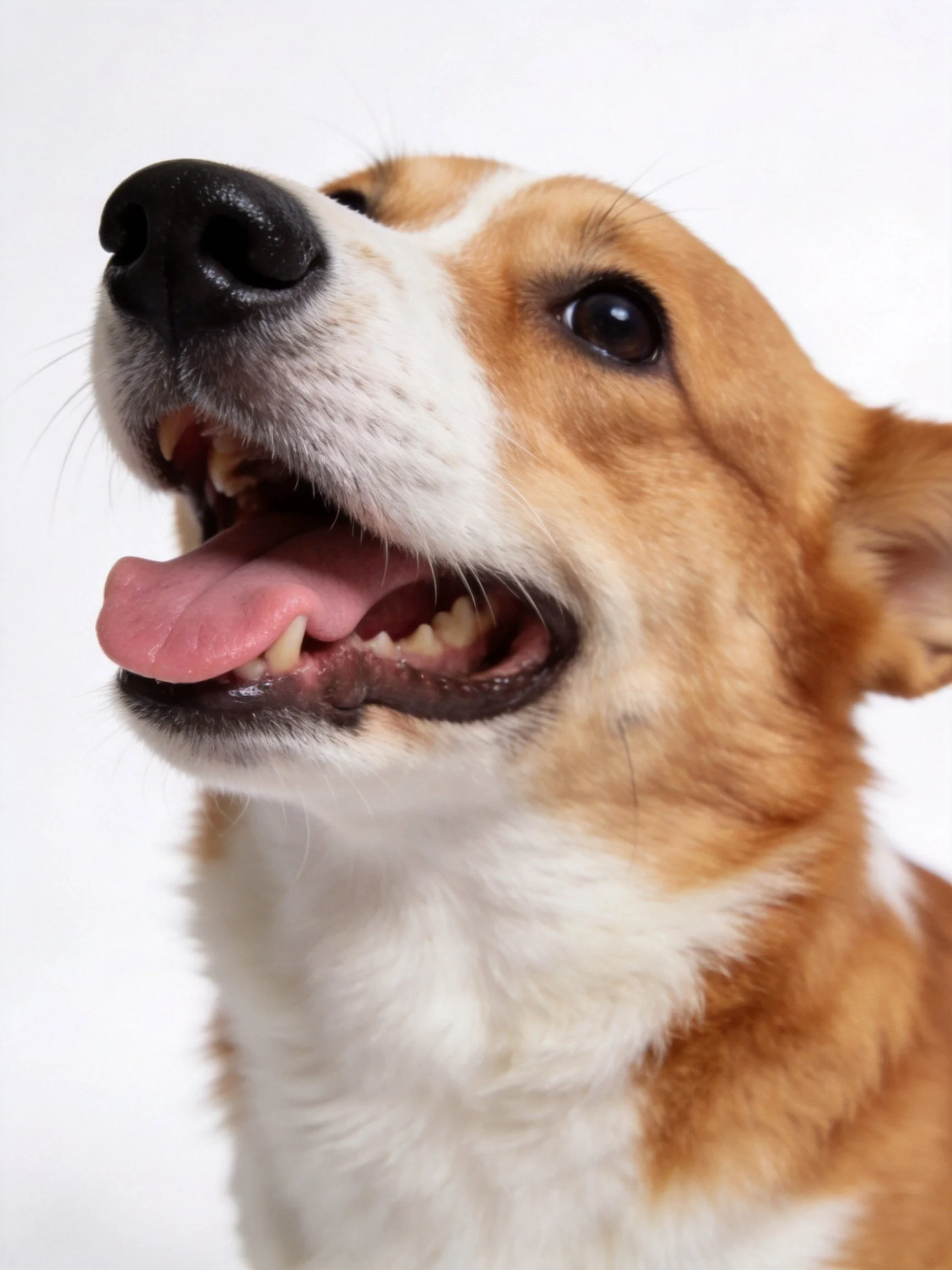 Brown and white dog panting with mouth open