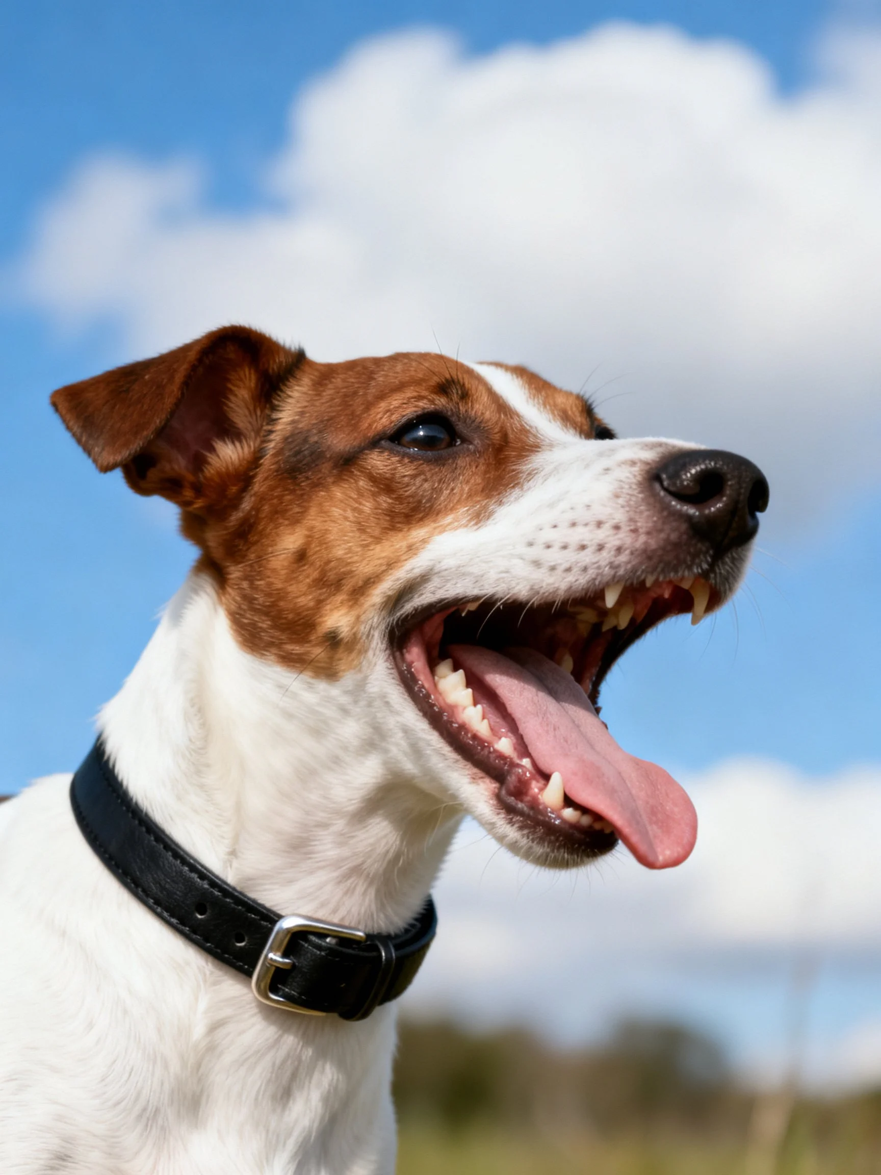 Brown and white dog panting with open mouth under bright blue sky