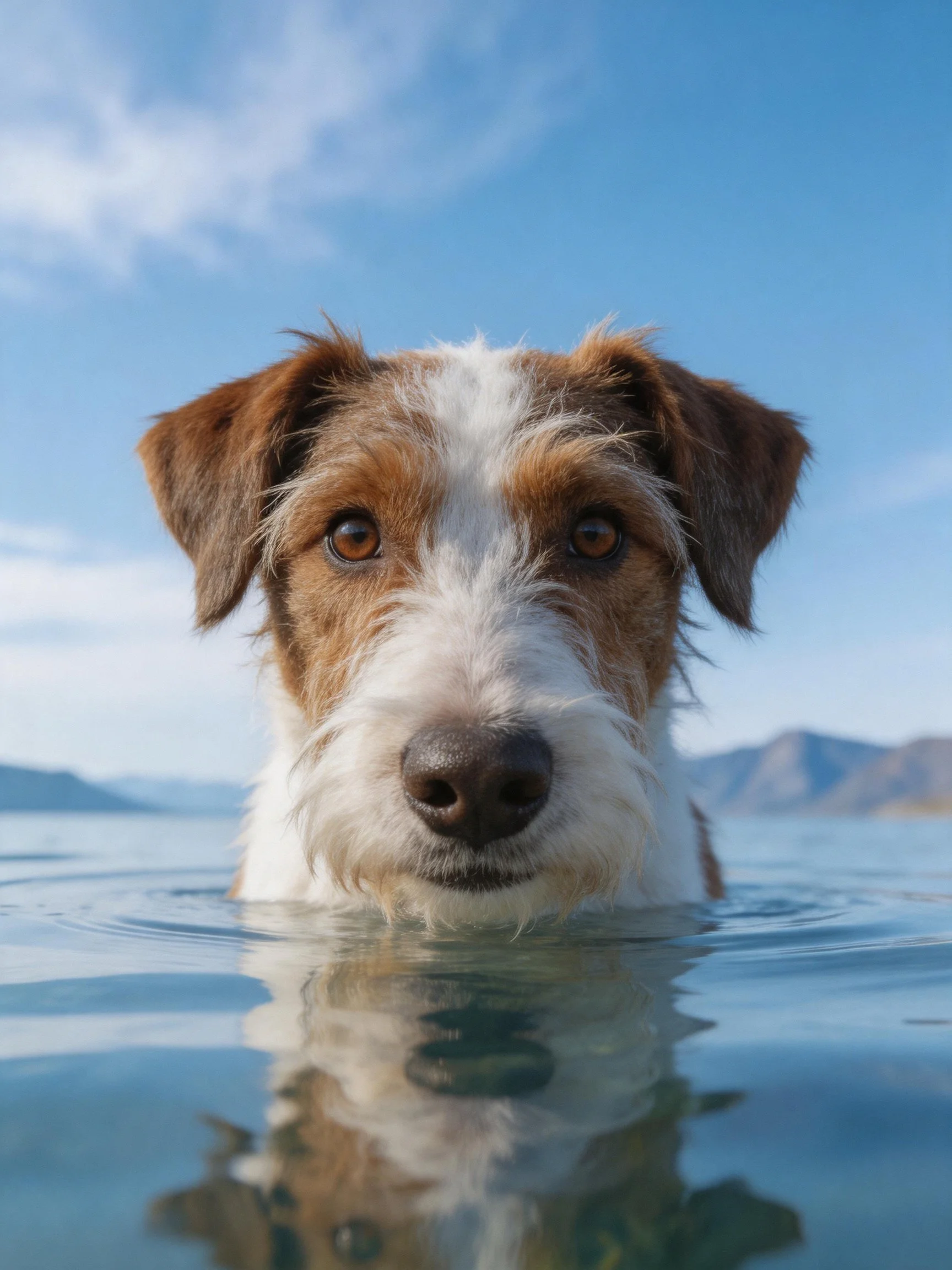 Brown and white dog partially submerged in calm water under bright blue sky