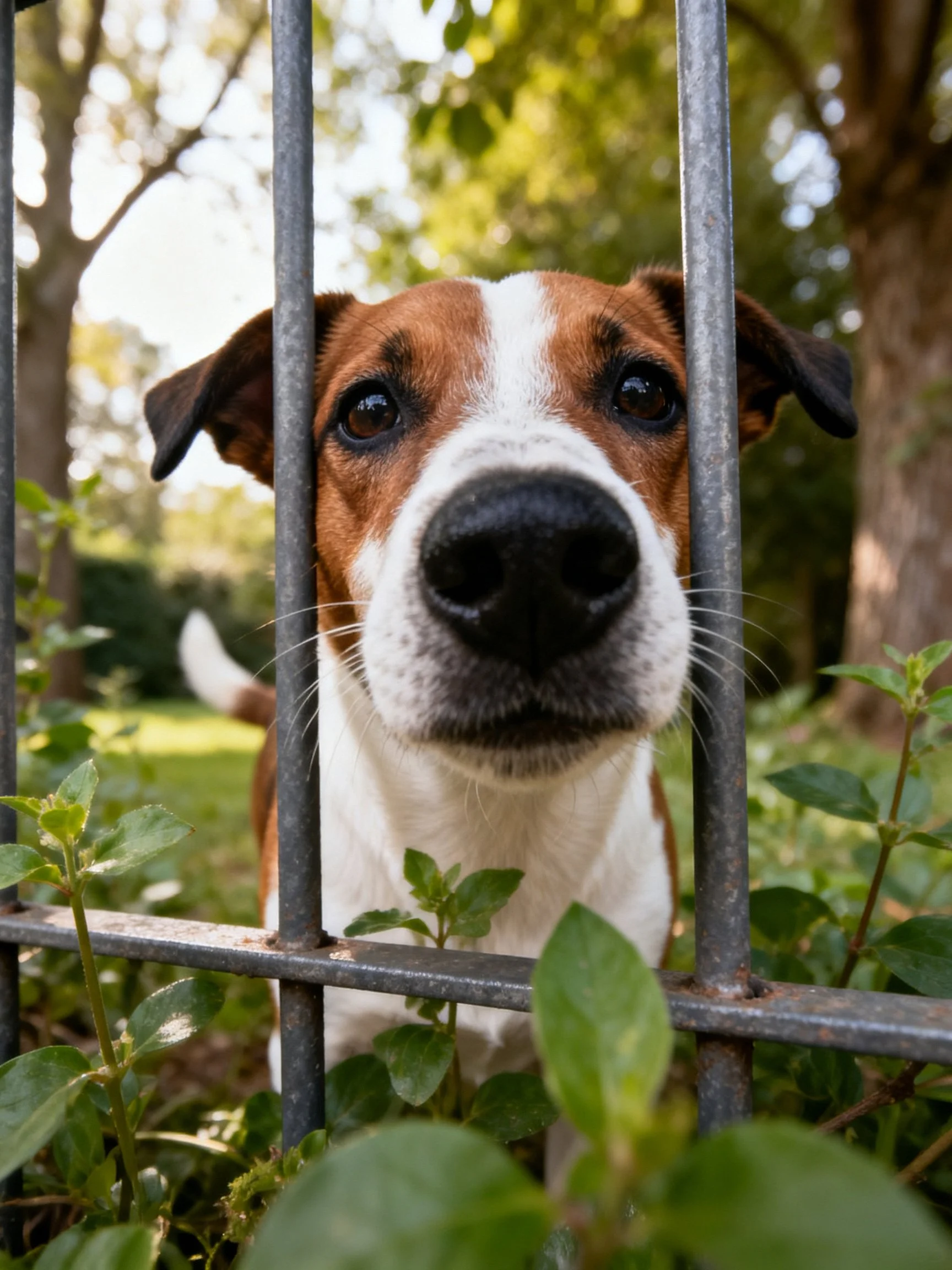 Brown and white dog peering through metal fence bars