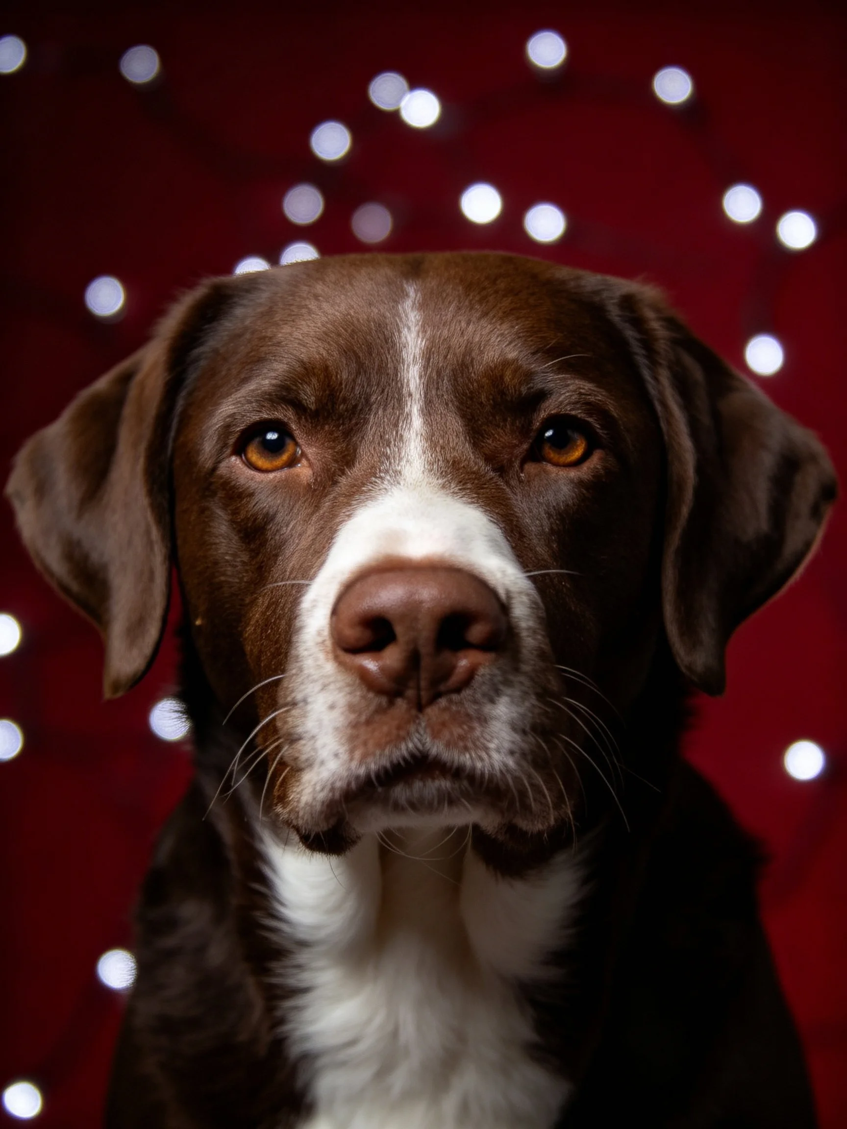 Close-up of a brown and white dog with red backdrop and blurred lights.