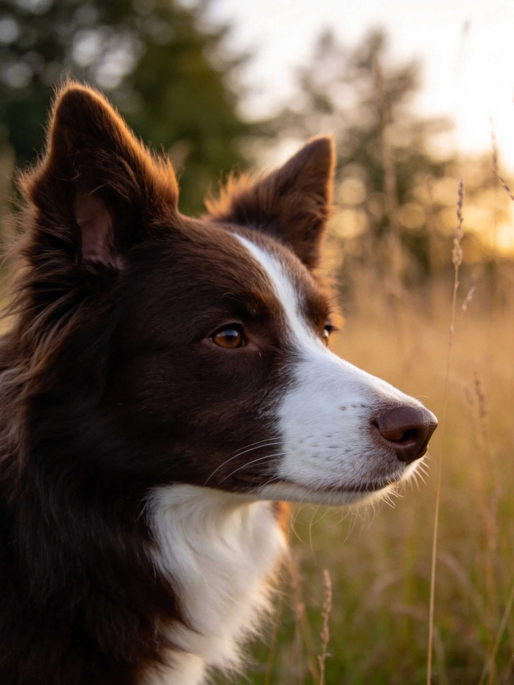 Brown and white dog profiled among tall grasses in golden light