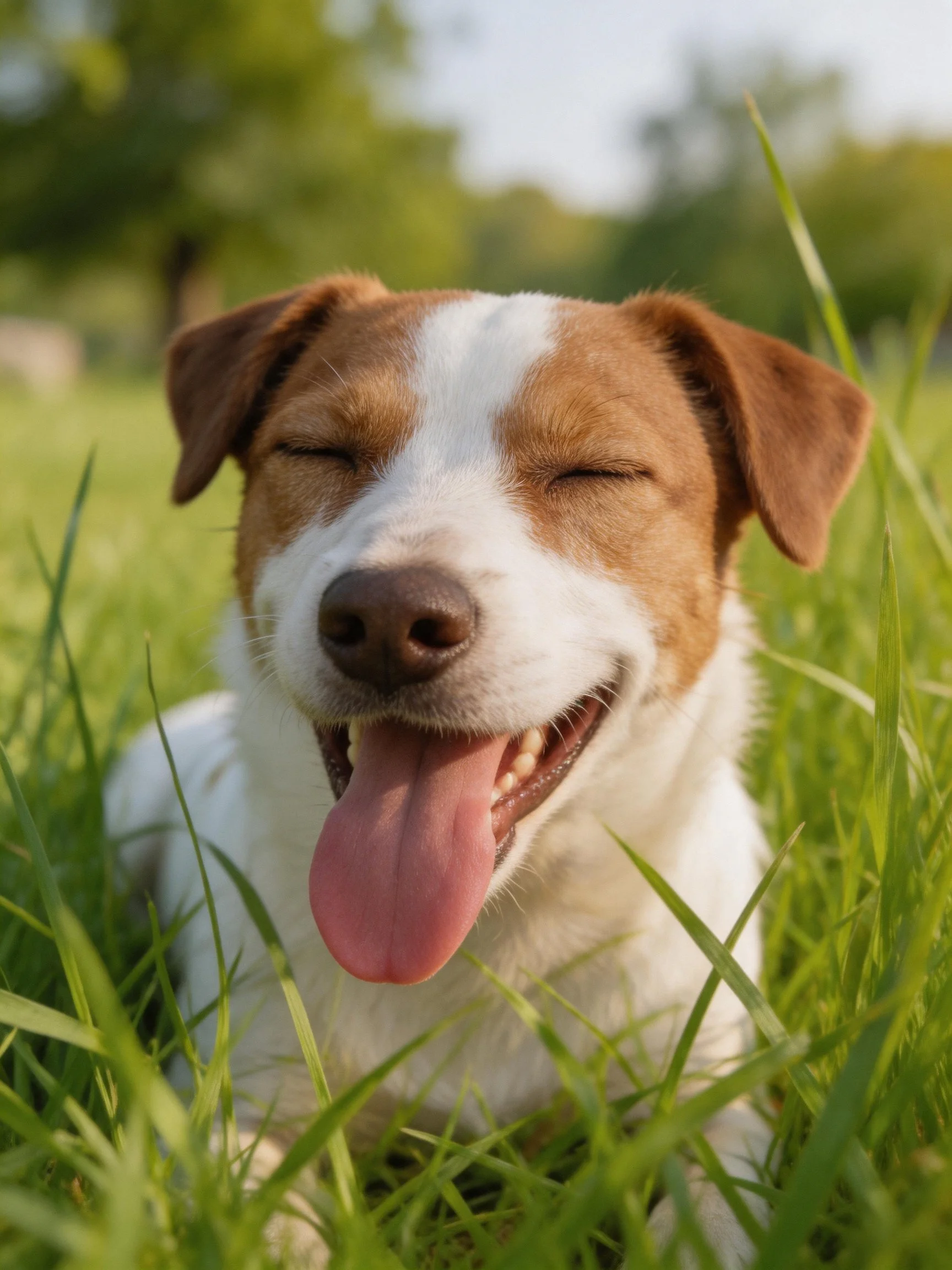 Brown and white dog relaxing in lush green grass