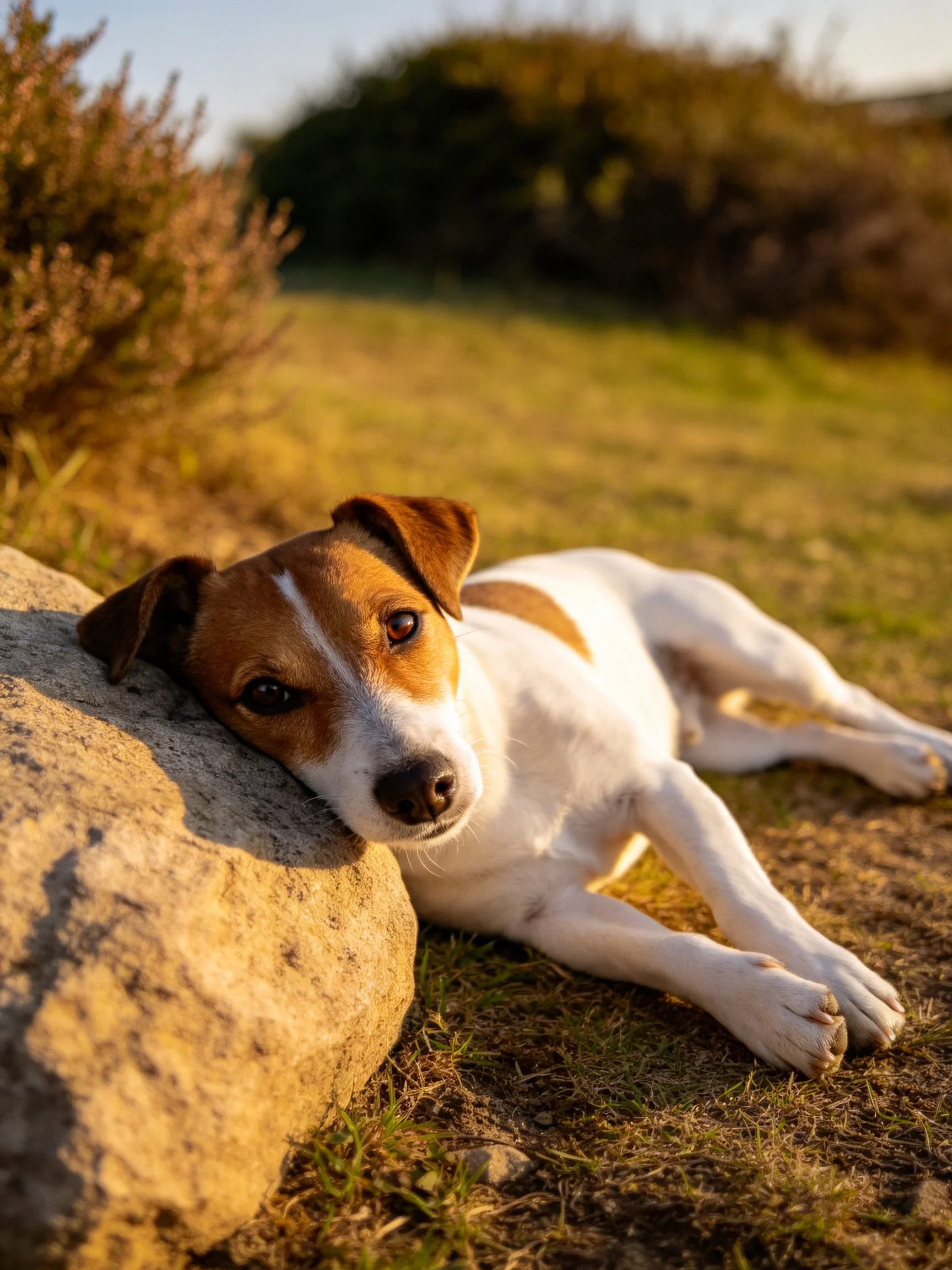 A brown and white dog rests beside a stone in a sunlit outdoor setting.