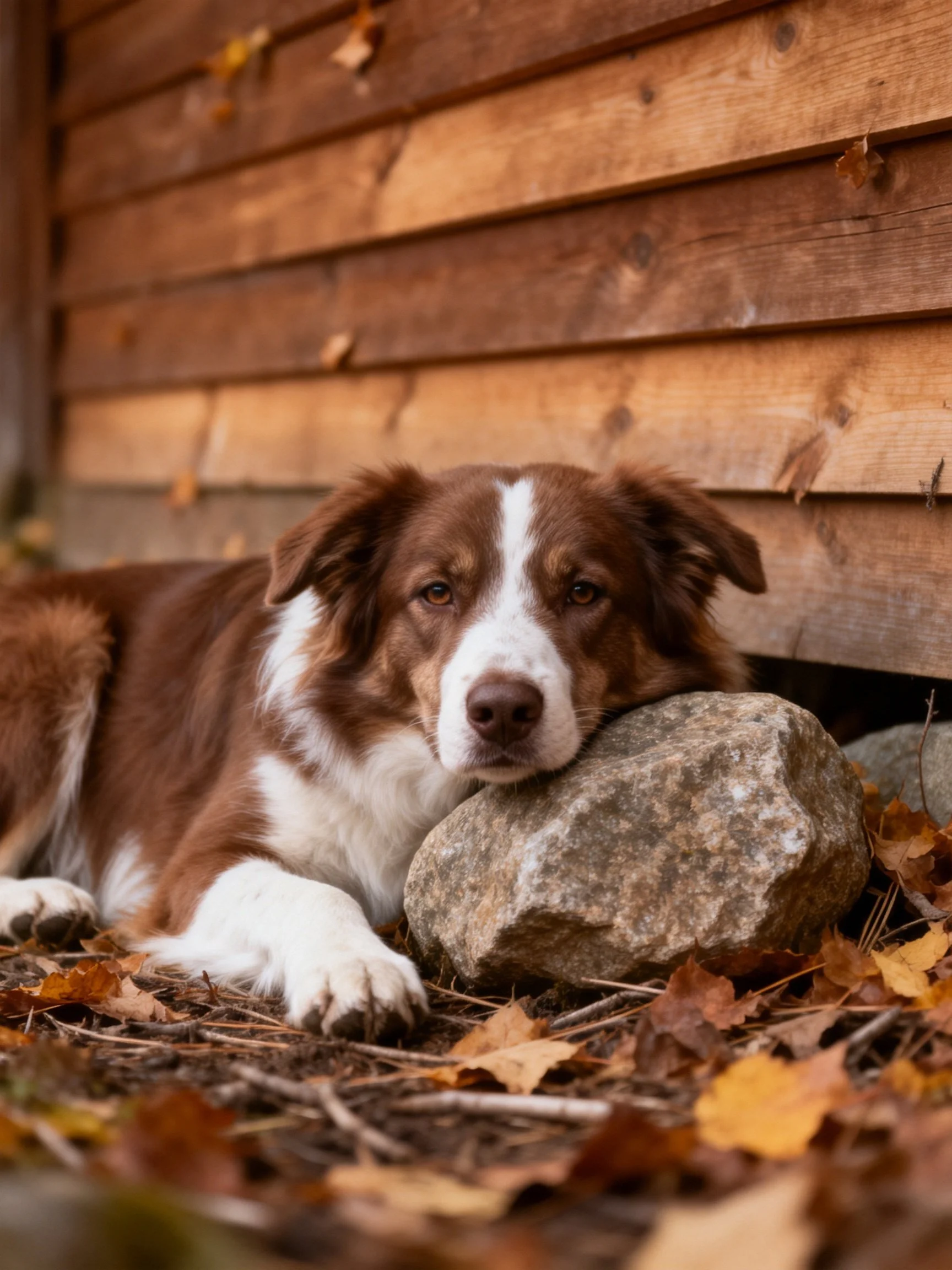 A brown and white dog rests by a rock outside a wooden structure with autumn leaves.