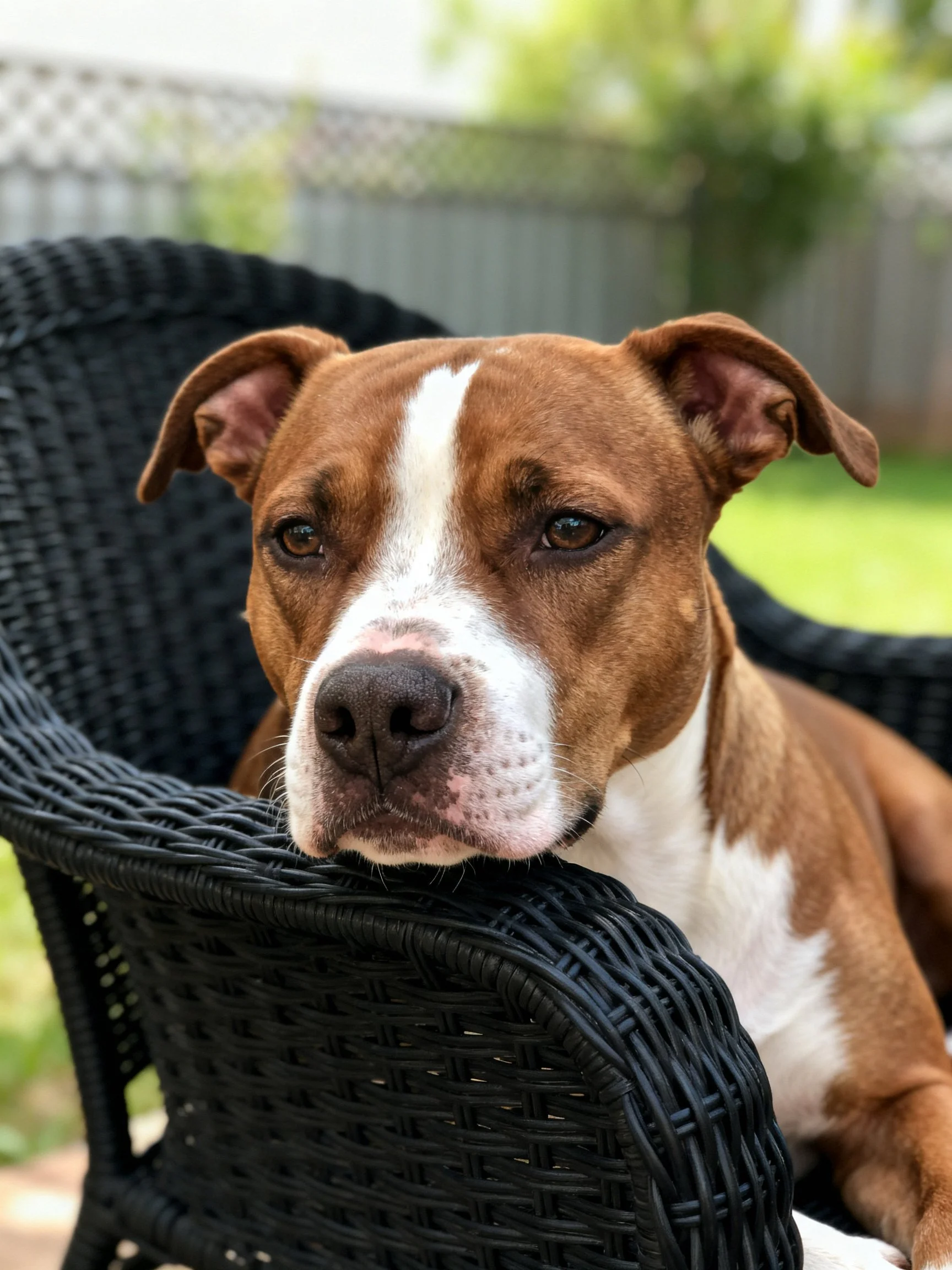 A brown and white dog relaxes in a black wicker chair in an outdoor area.